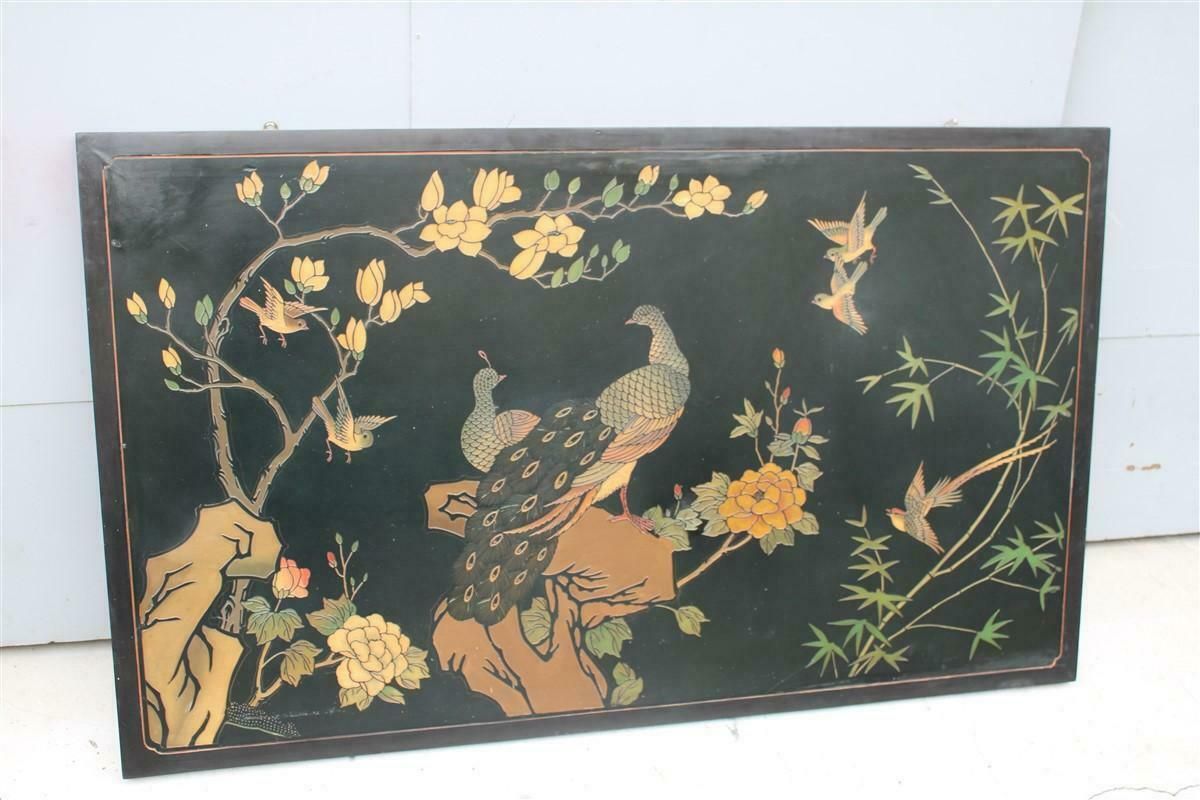 photo furniture 1950s Chinese Lacquer Decorative Panel With Birds, Lotus Flowers And Plants