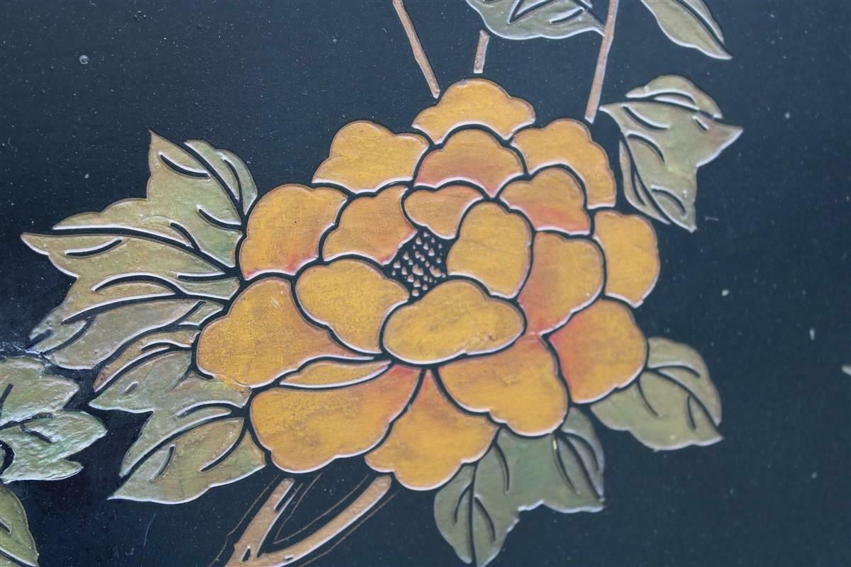 photo vinterior 1950s Chinese Lacquer Decorative Panel With Birds, Lotus Flowers And Plants