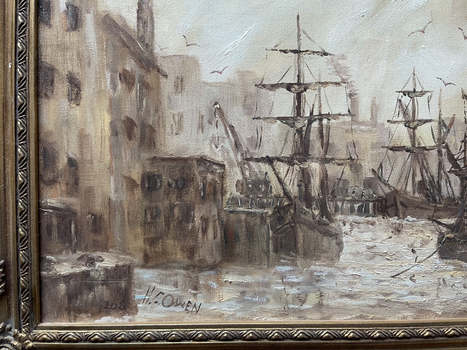 Oil Painting On Canvas Of Tall Ships In Harbour By H.C. Owen photo vinterior