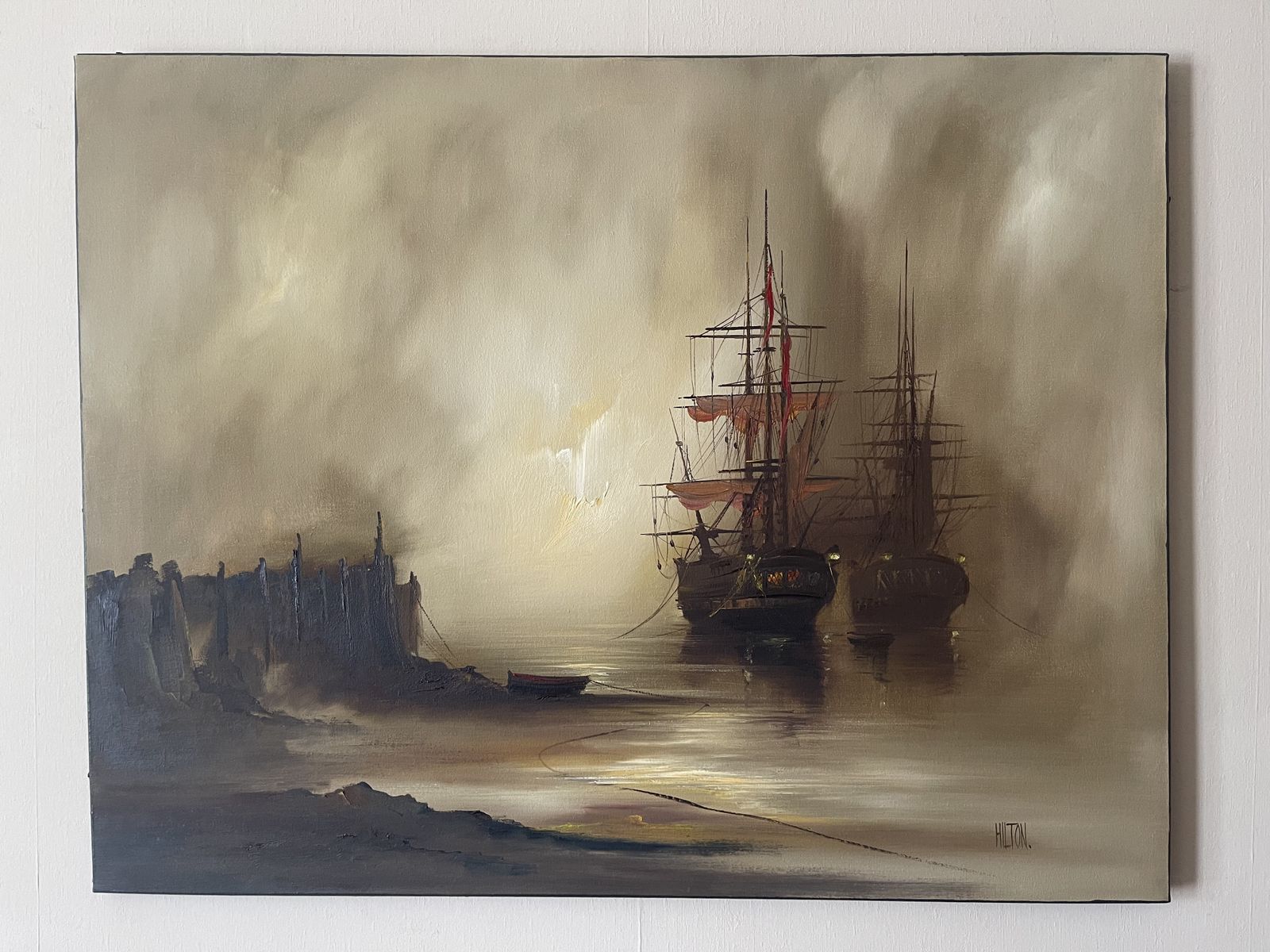 Unframed Oil On Stretched Canvas Sailing Ships Moored In Harbour Barry Hilton (B.1941)