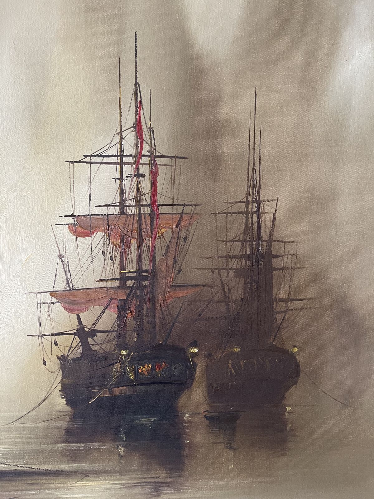 Unframed Oil On Stretched Canvas Sailing Ships Moored In Harbour Barry Hilton (B.1941) photo vintage