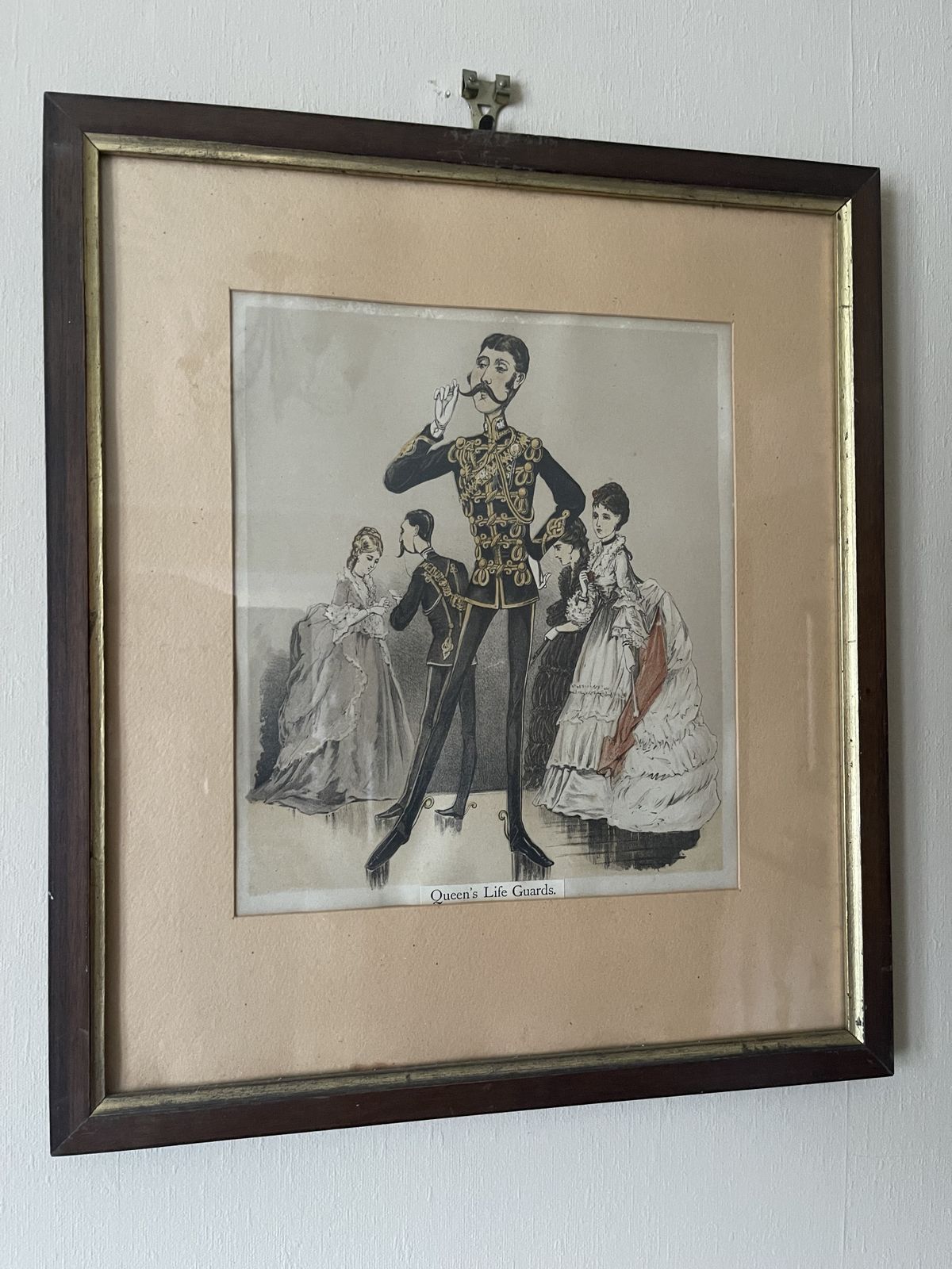 Framed, Glazed And Mounted Chromolithograph Titled Queen's Life Guards From The Book Army And Navy Drolleries By Major Thomas Strong Seccombe