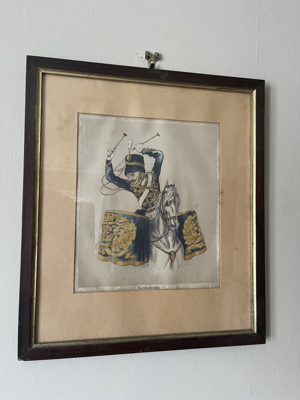 Framed, Glazed And Mounted Chromolithograph Titled Kettledrums From The Book Army And Navy Drolleries By Major Thomas Strong Seccombe