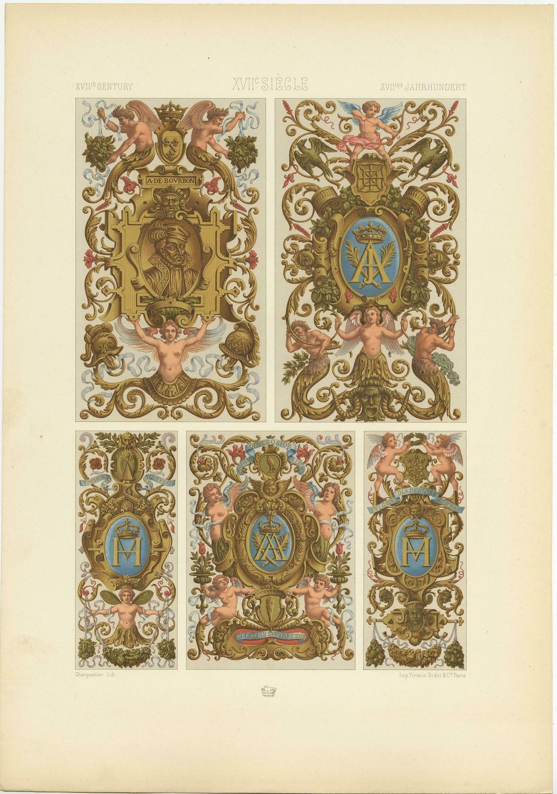 Pl. 92 Antique Print Of 17th Century Decorative Paintings By Racinet, Circa 1890 photo furniture