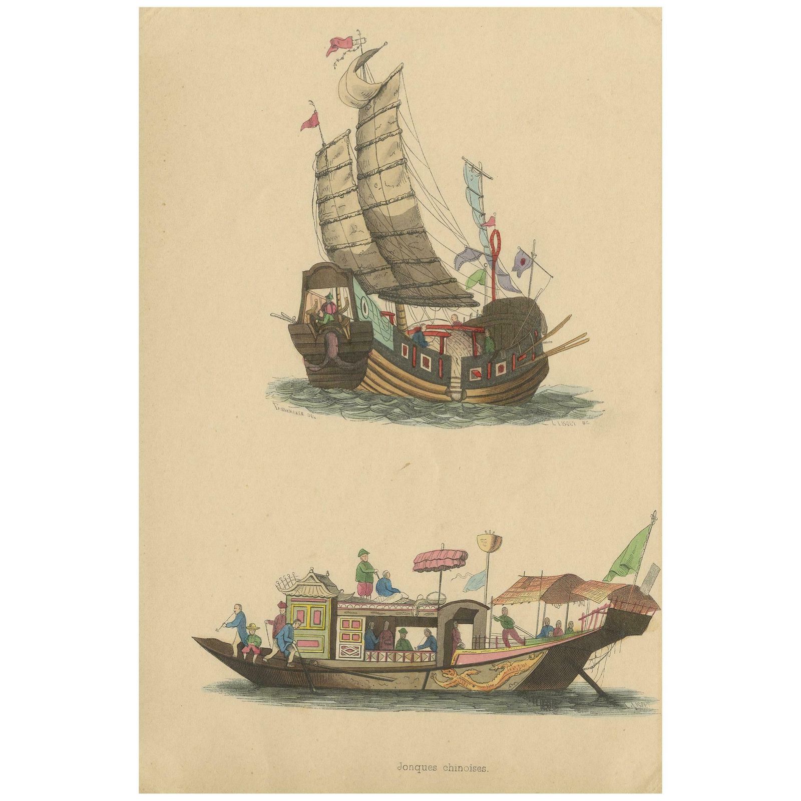 Antique Costume Print Of Chinese Junks By Wahlen, ‘1843’