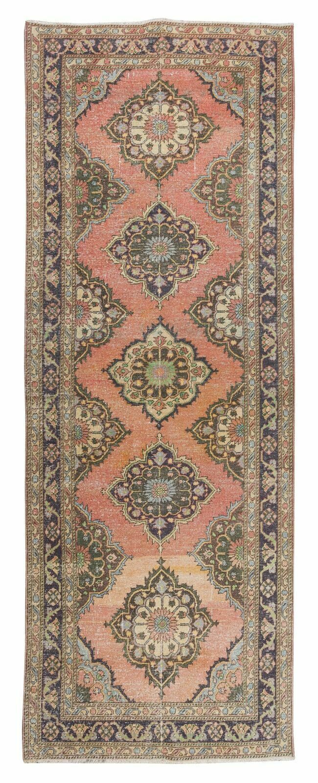 4.7x12.9 Ft Traditional Handmade Turkish Runner. Vintage Geometric Hallway Rug