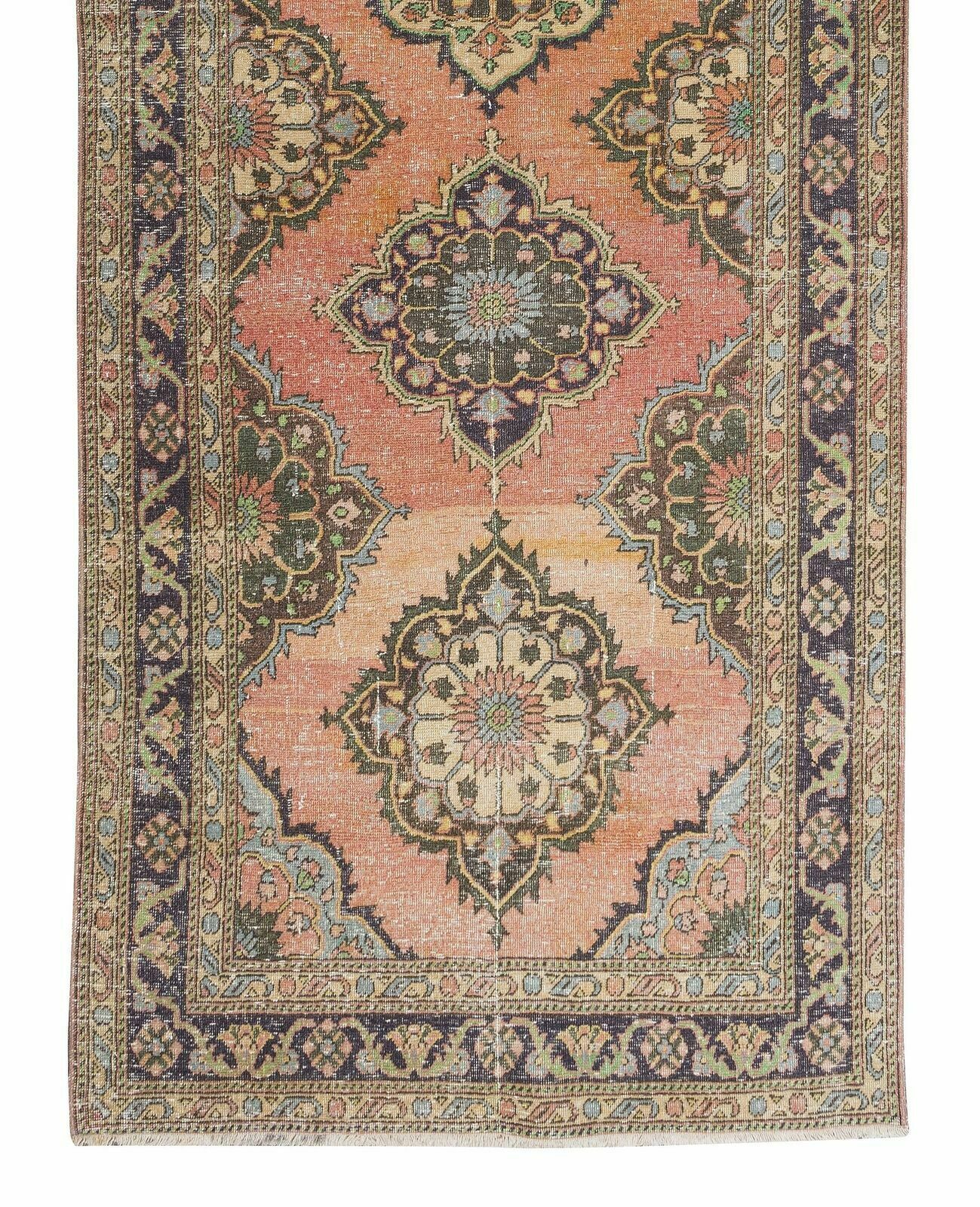 4.7x12.9 Ft Traditional Handmade Turkish Runner. Vintage Geometric Hallway Rug photo 1005.0