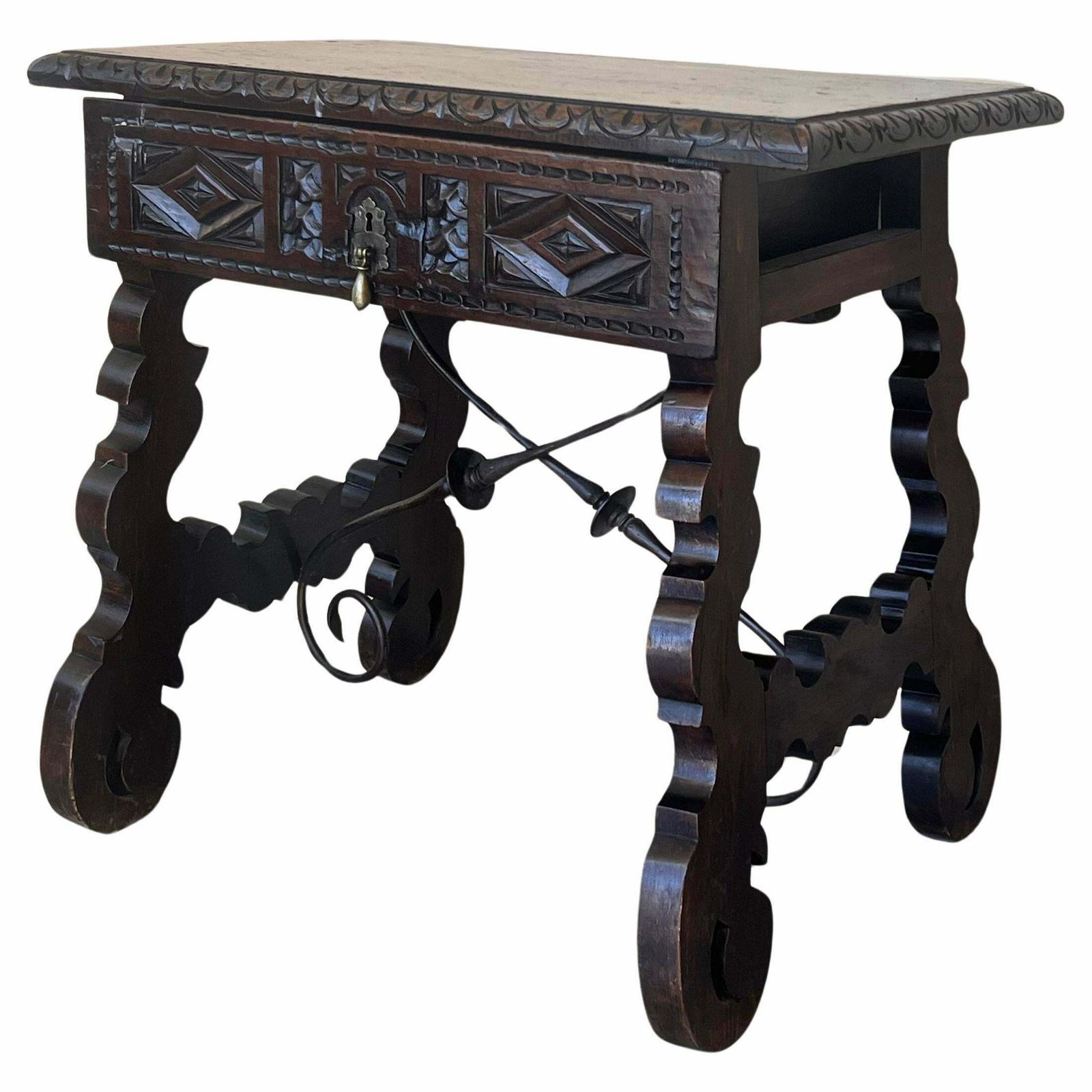 Console espagnole du XVIIIe siècle, tiroirs sculptés et quincaillerie d'époque