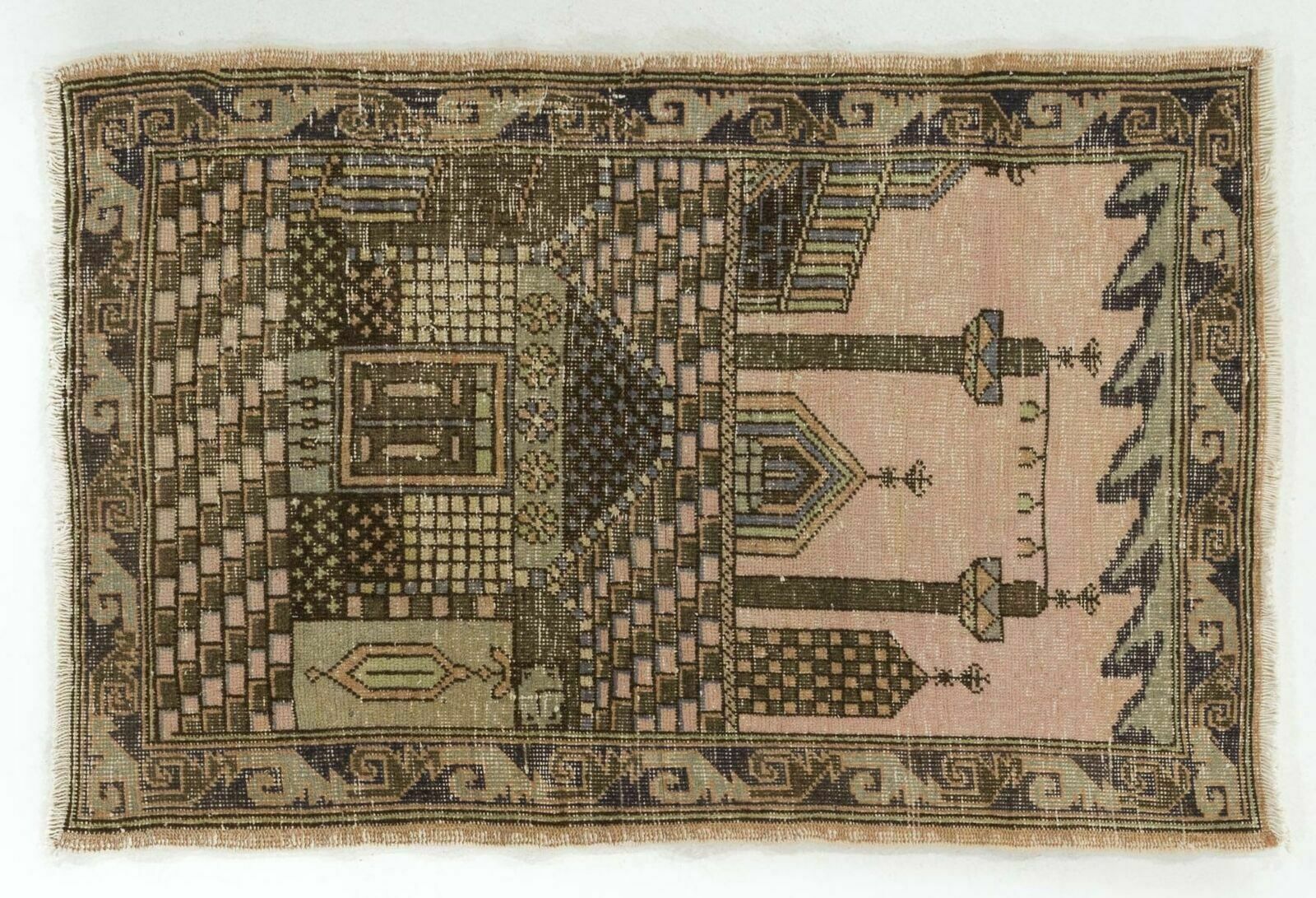 2.7x4 Vintage Prayer Rug Depicting A Mosque Decorated With Ramadan Candle Lights photo 262.0