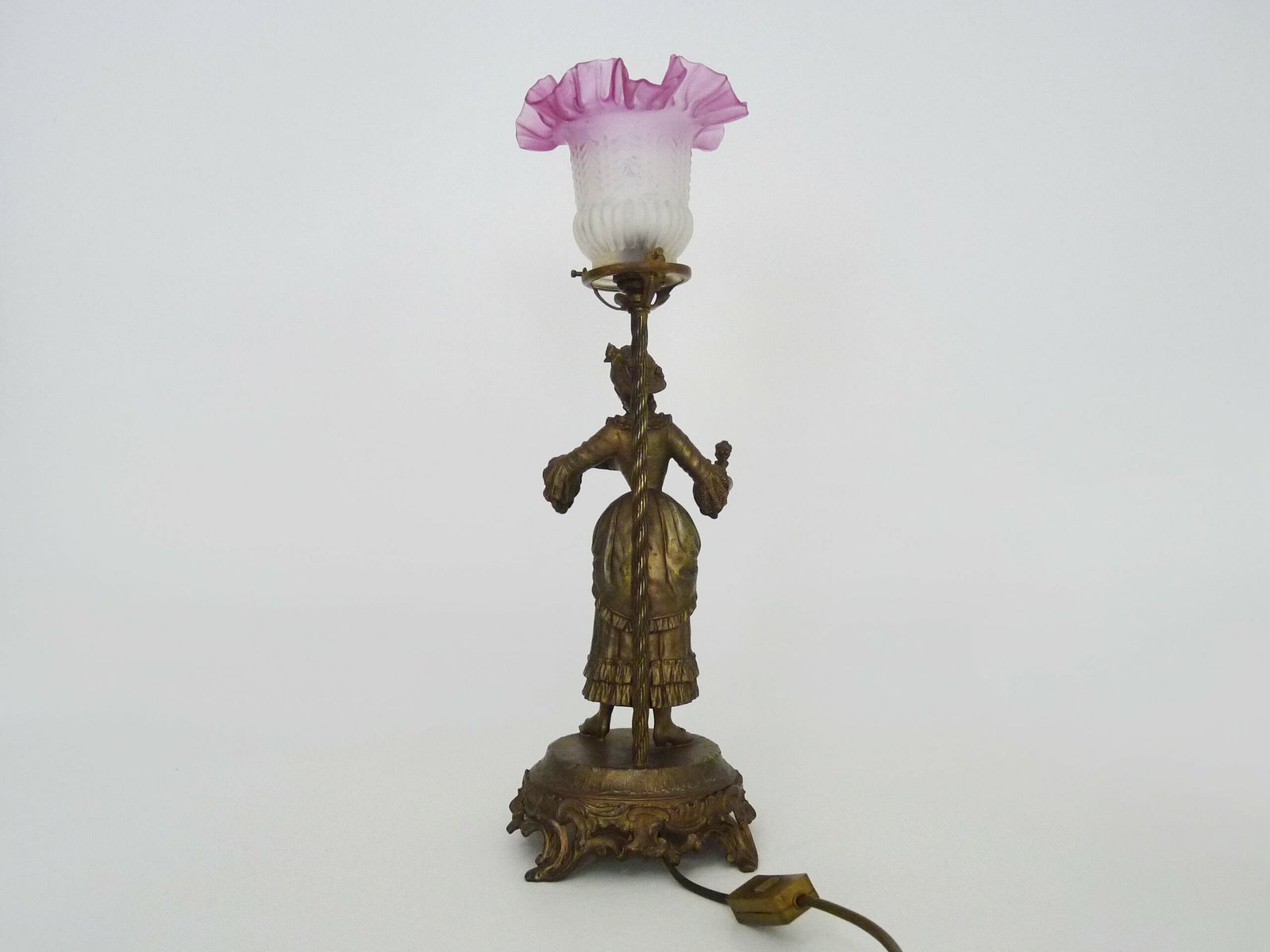 18th Century Nobility Woman Statue Lamp In Gilded Metal And Tulip photo vintage