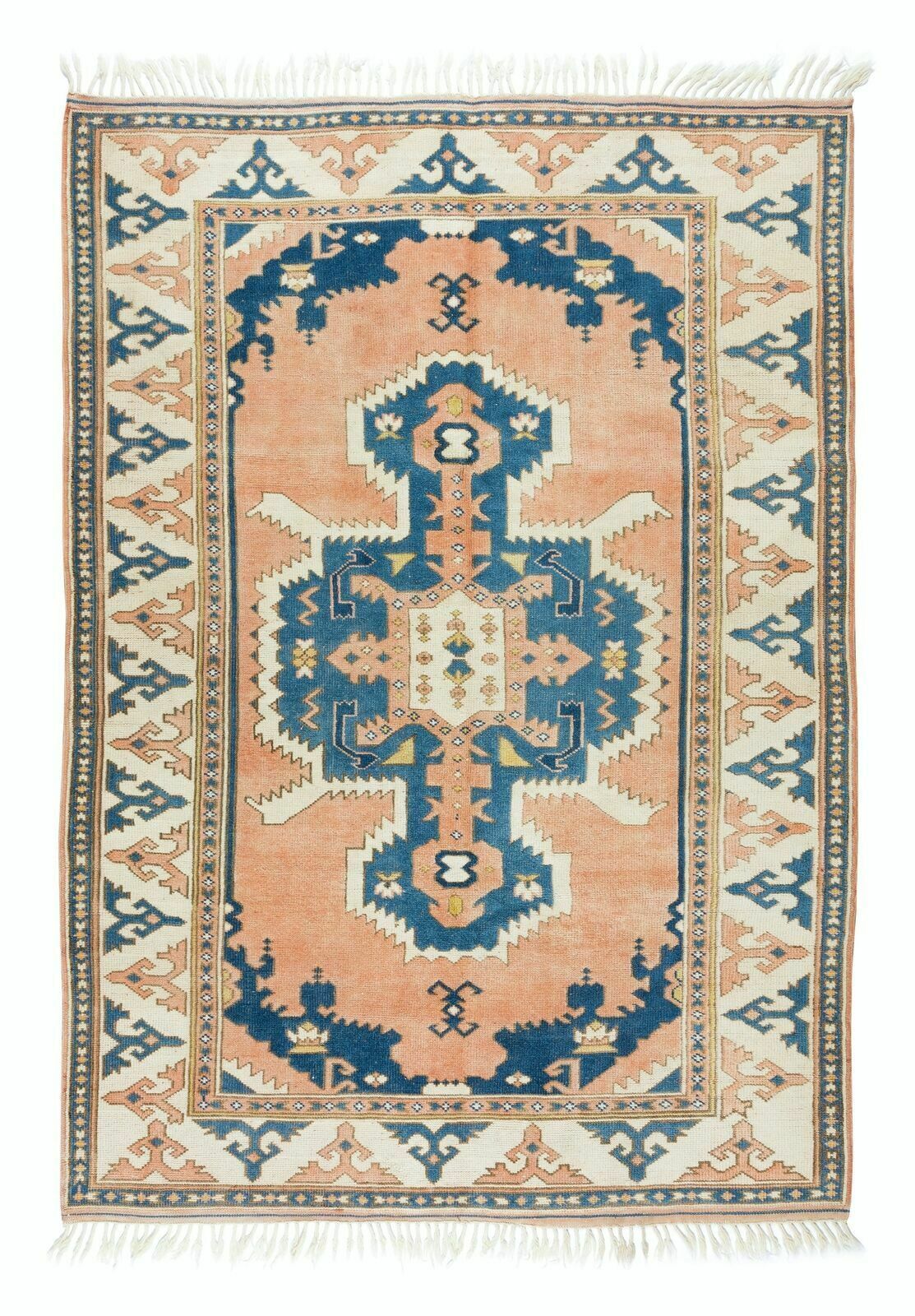 5.3x7.7 Ft Handmade 1960s Turkish Village Rug With Geometric Medallion Design