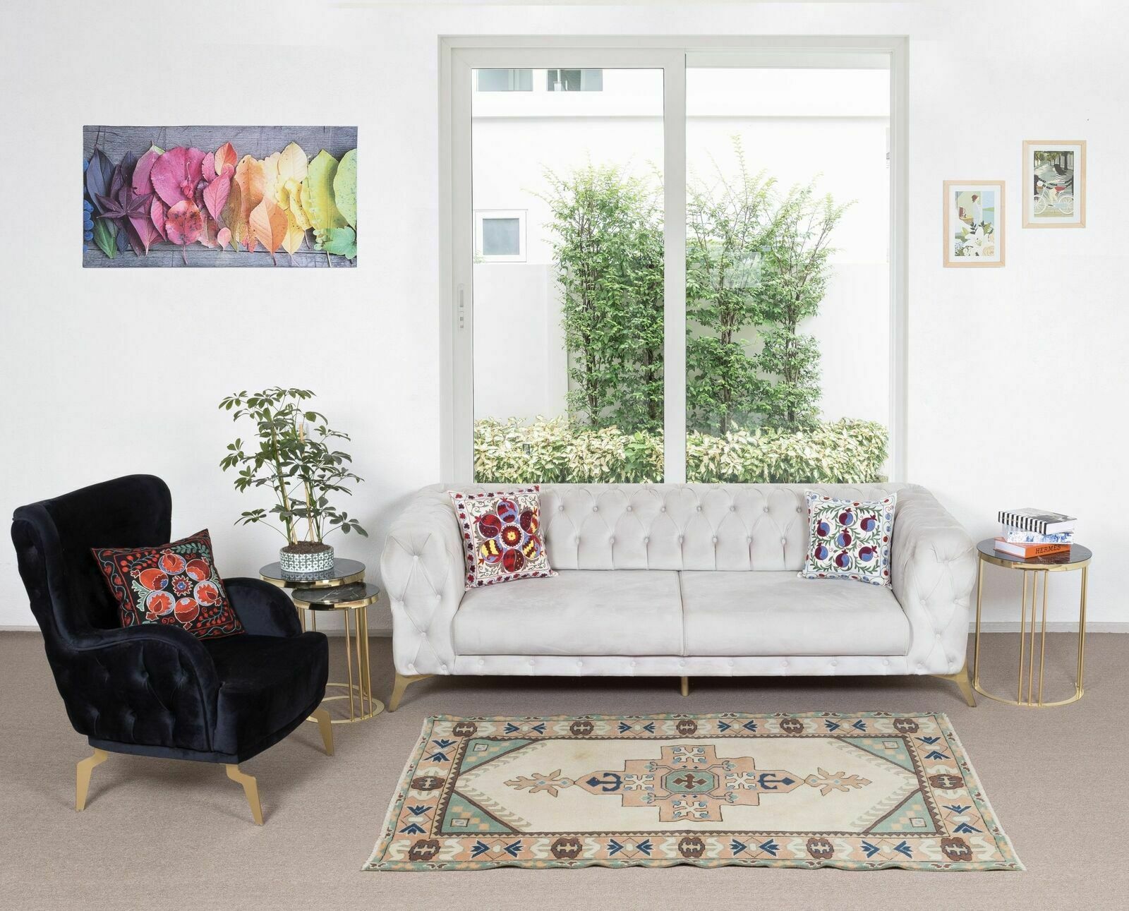 Vintage vloerkleed met geometrisch dessin, wollen tapijt photo furniture