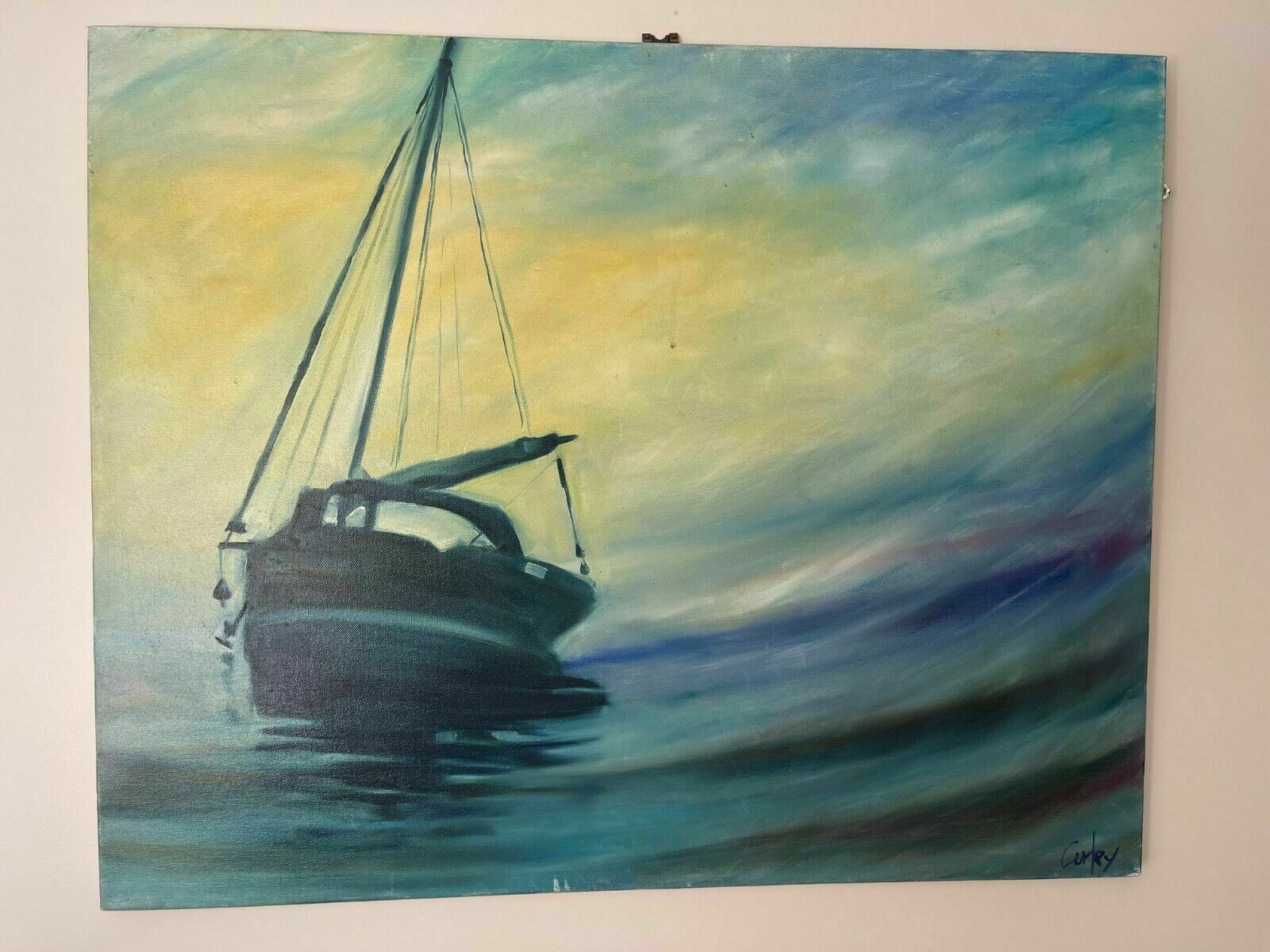 Blue Sail Boat On Still Water   Oil On Canvas By Sean Curley