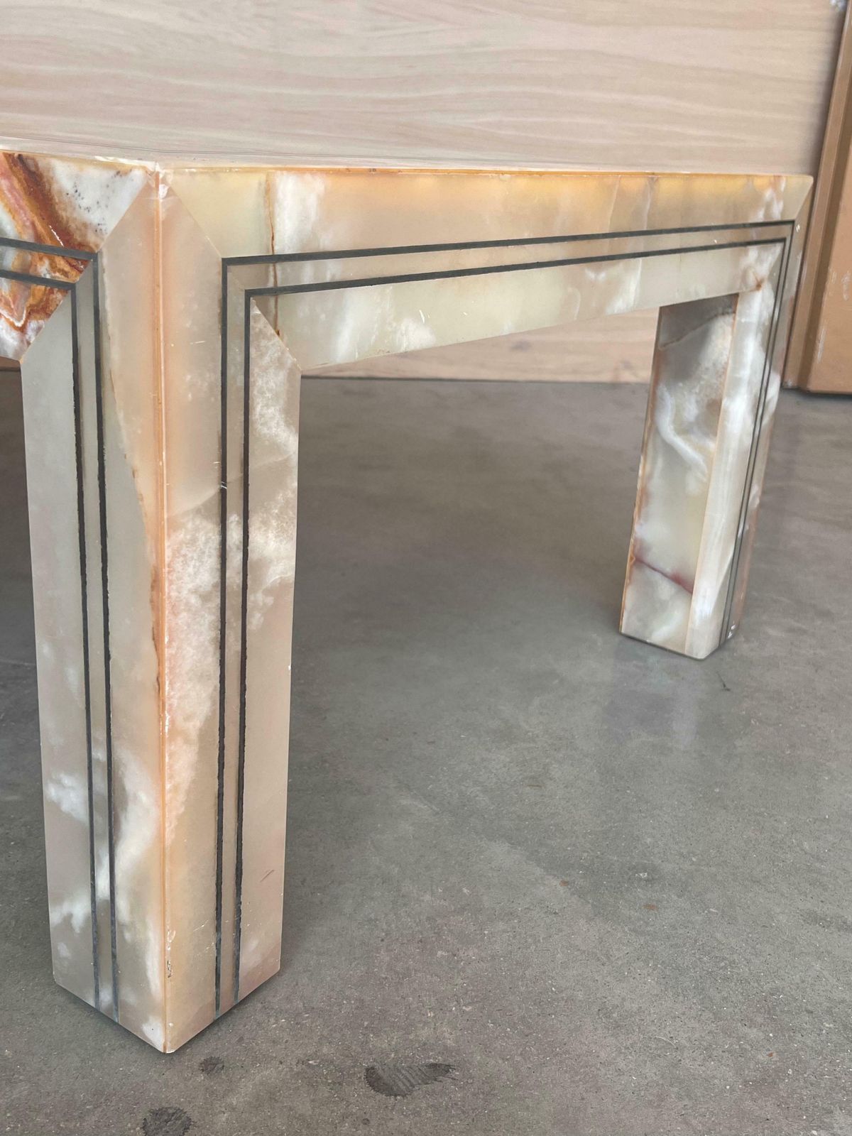 Furniture Early 20th Rectangular Green Onyx Coffee Table With Metal Marquetry photo