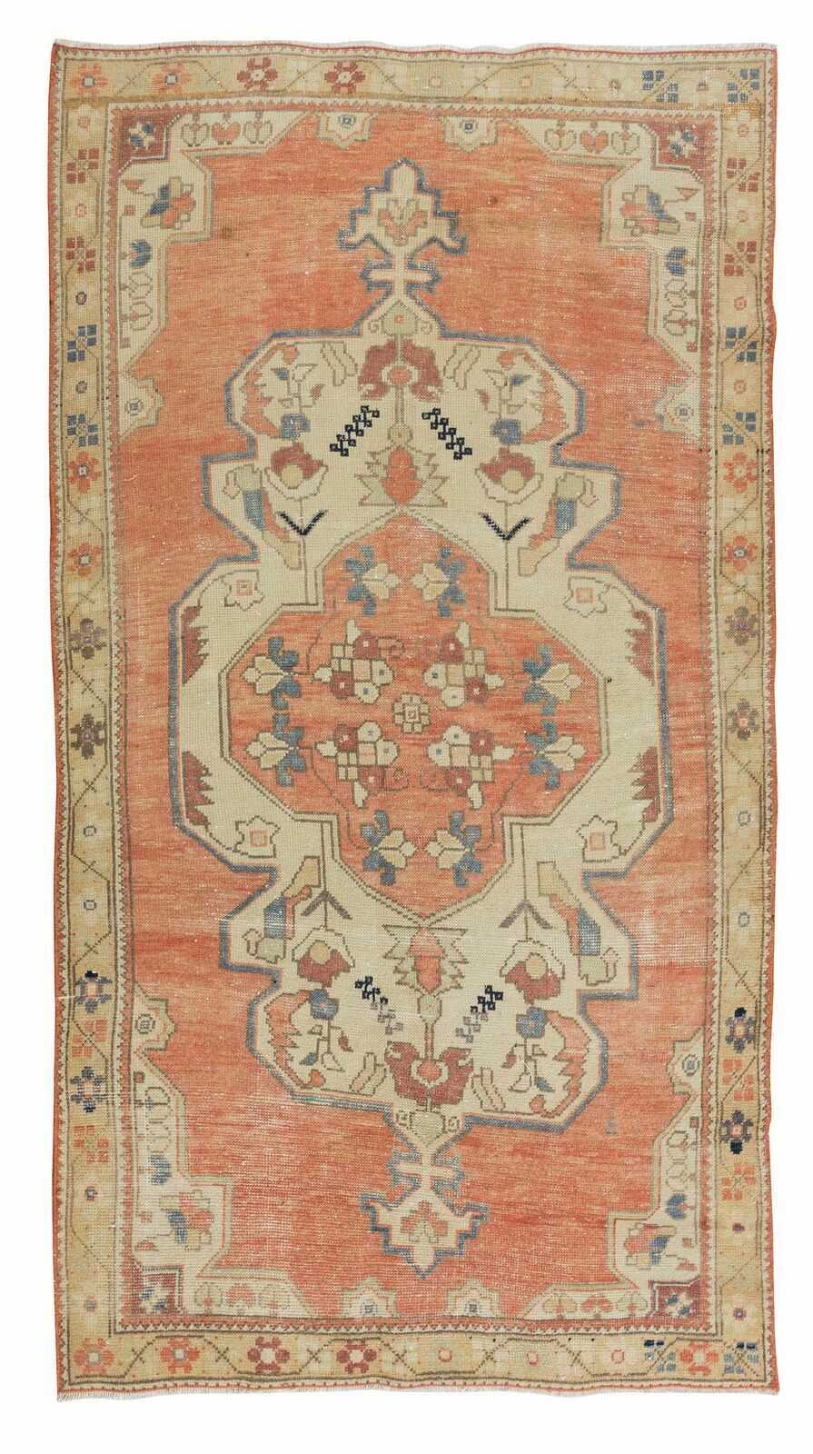 4.2x7.8 Ft Handknotted Medallion Design Vintage Turkish Rug In Red, Blue & Beige