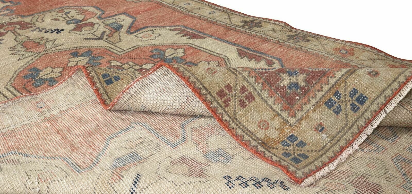 4.2x7.8 Ft Handknotted Medallion Design Vintage Turkish Rug In Red, Blue & Beige photo for sale