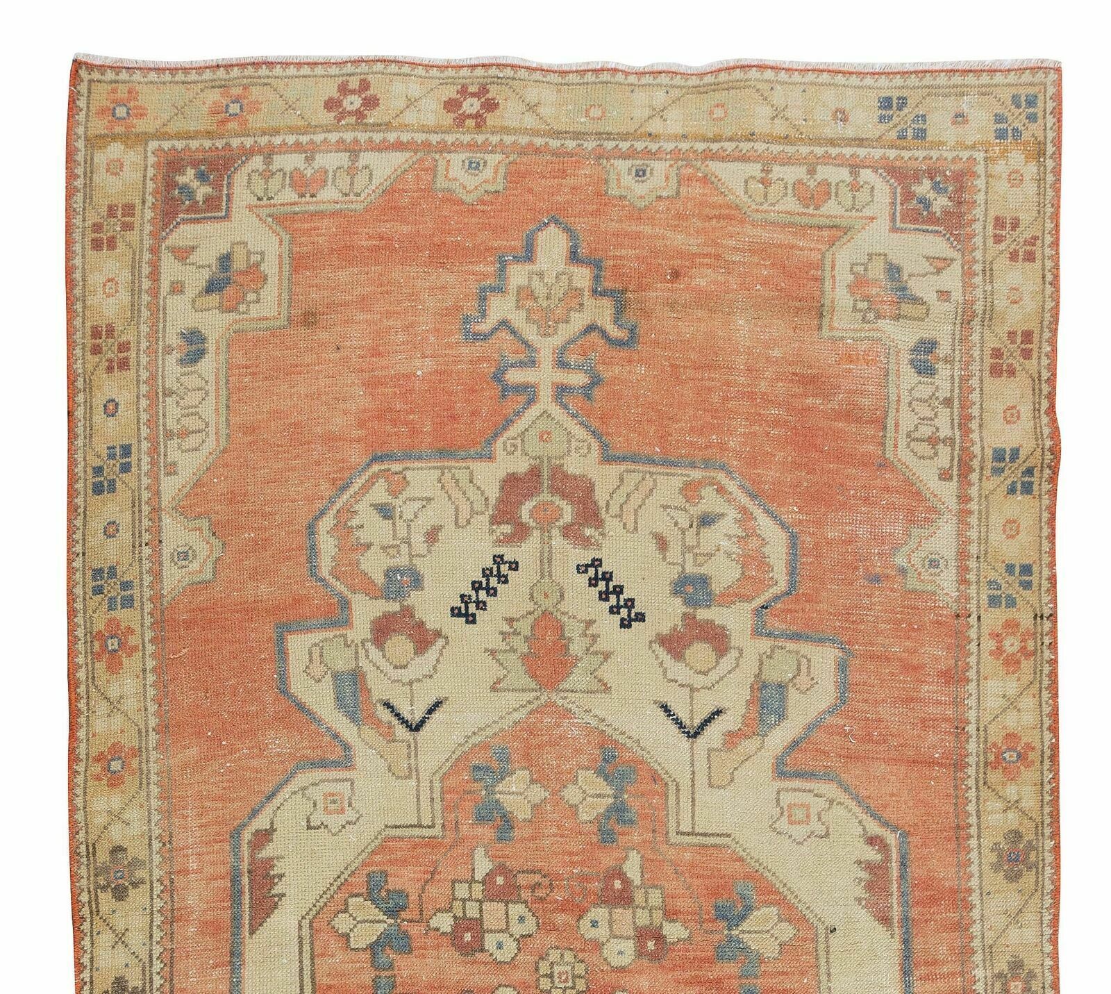 4.2x7.8 Ft Handknotted Medallion Design Vintage Turkish Rug In Red, Blue & Beige photo Textiles