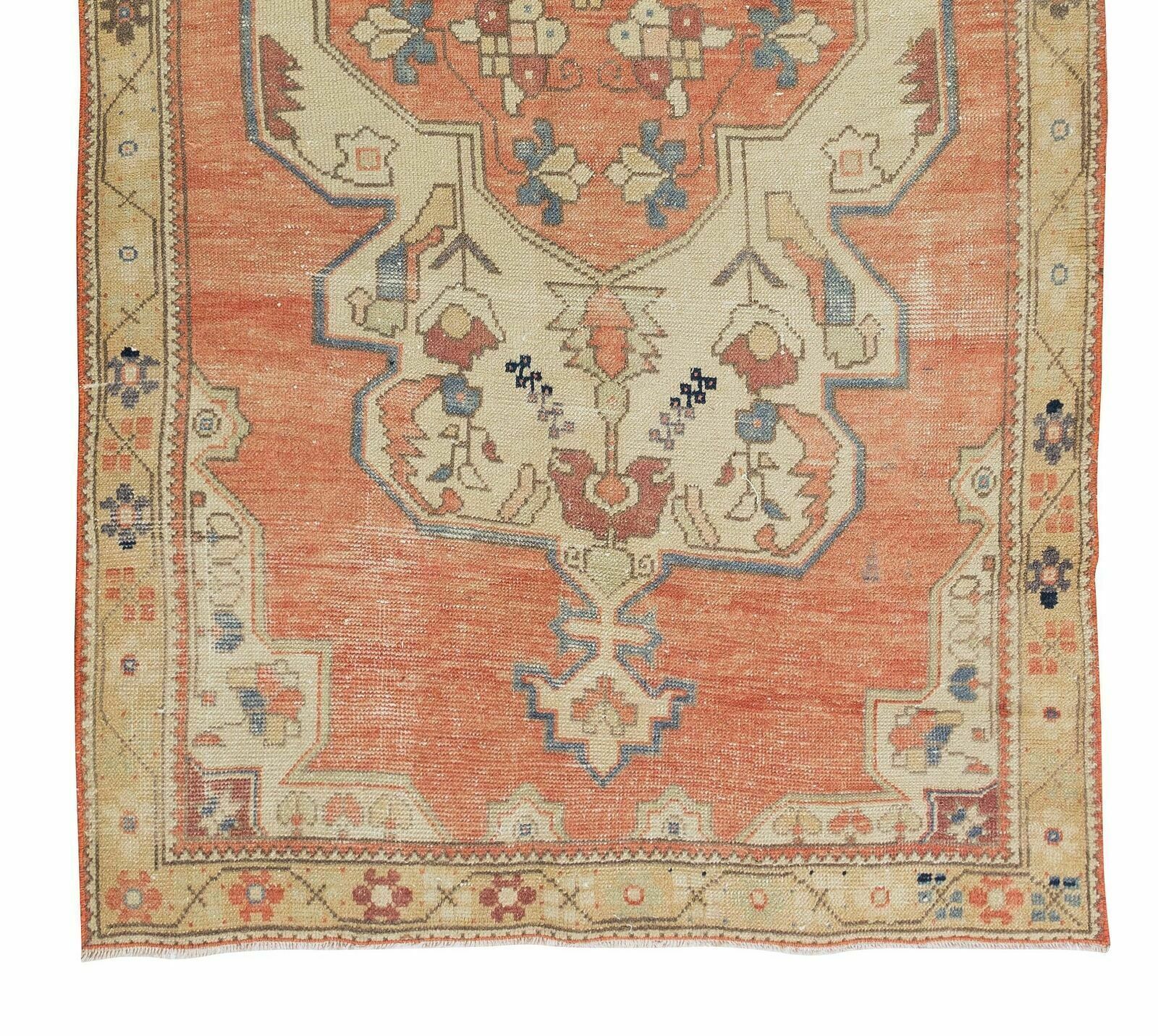4.2x7.8 Ft Handknotted Medallion Design Vintage Turkish Rug In Red, Blue & Beige photo 436.0
