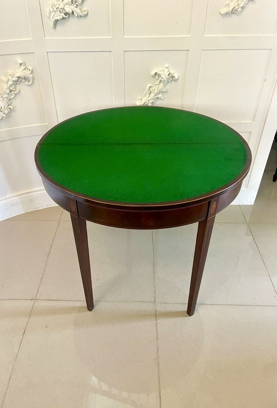 Fine Quality Antique 18th Century Mahogany And Satinwood Inlaid Demi Lune Shaped Card Table photo for sale