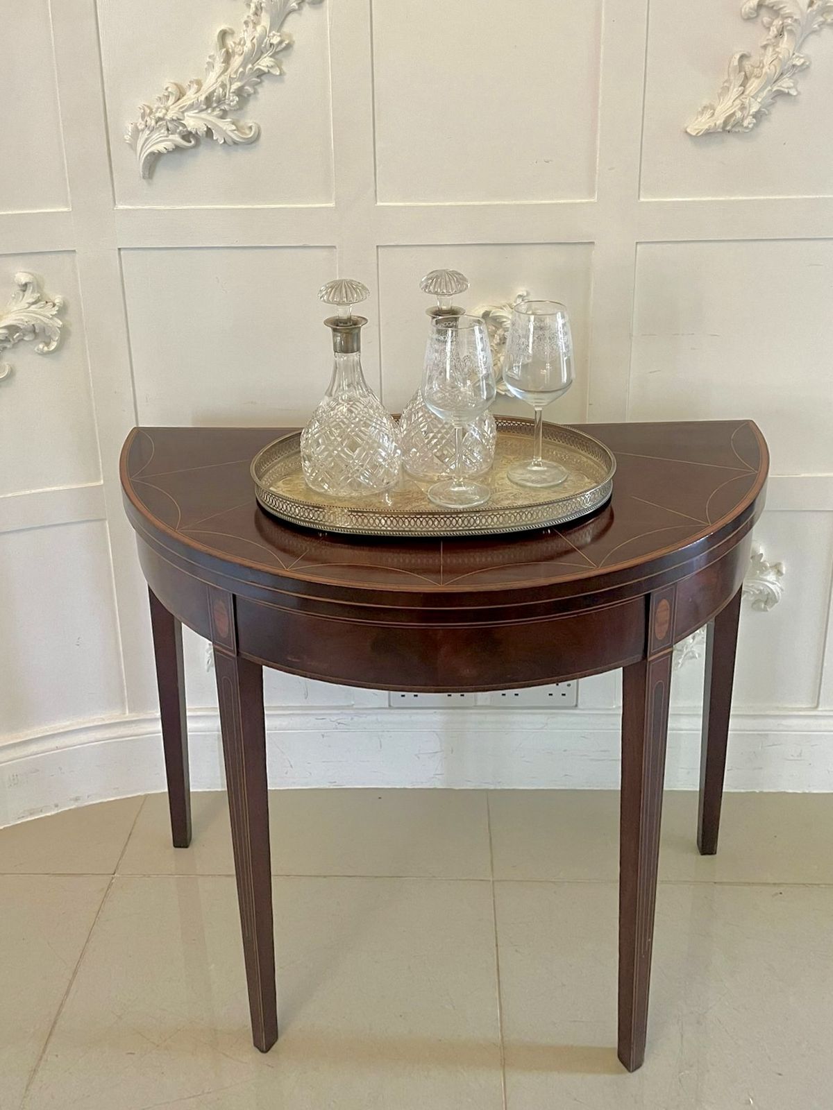 Fine Quality Antique 18th Century Mahogany And Satinwood Inlaid Demi Lune Shaped Card Table photo buy