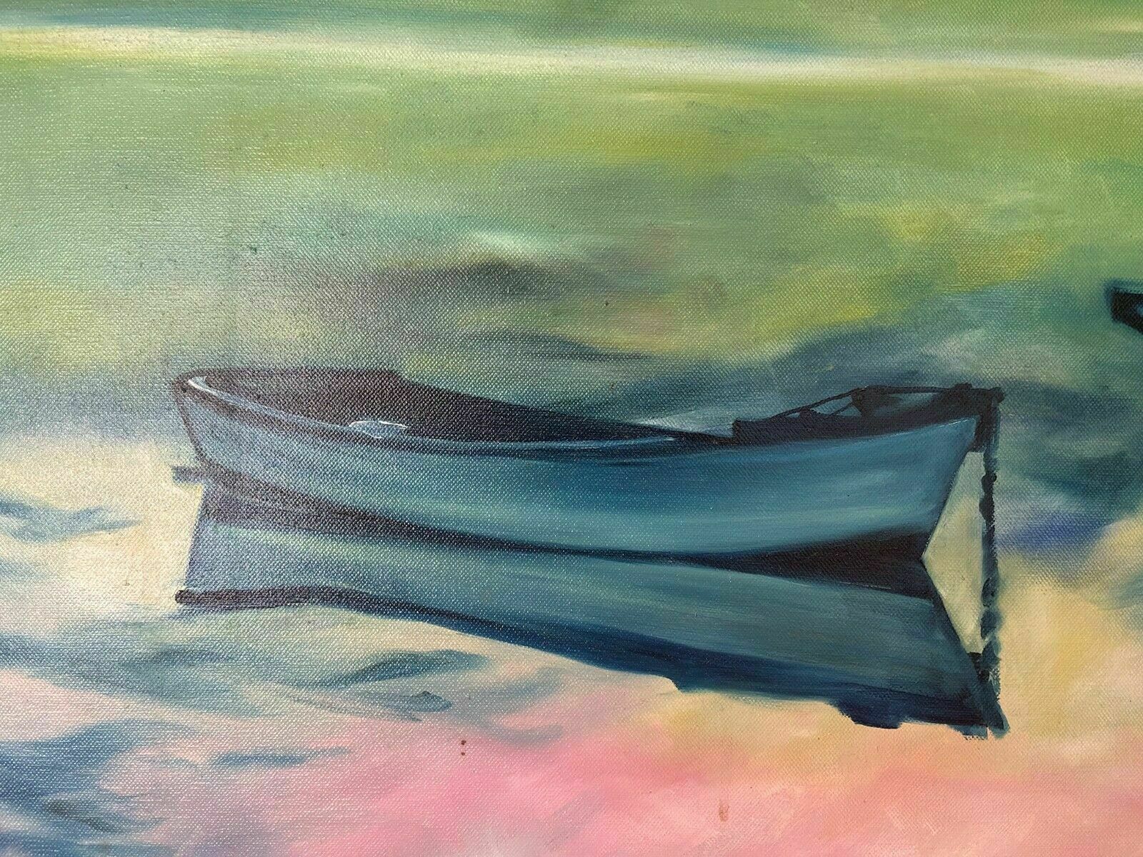 2 Blue Boats On Still Water   Oil On Canvas By Sean Curley photo for sale