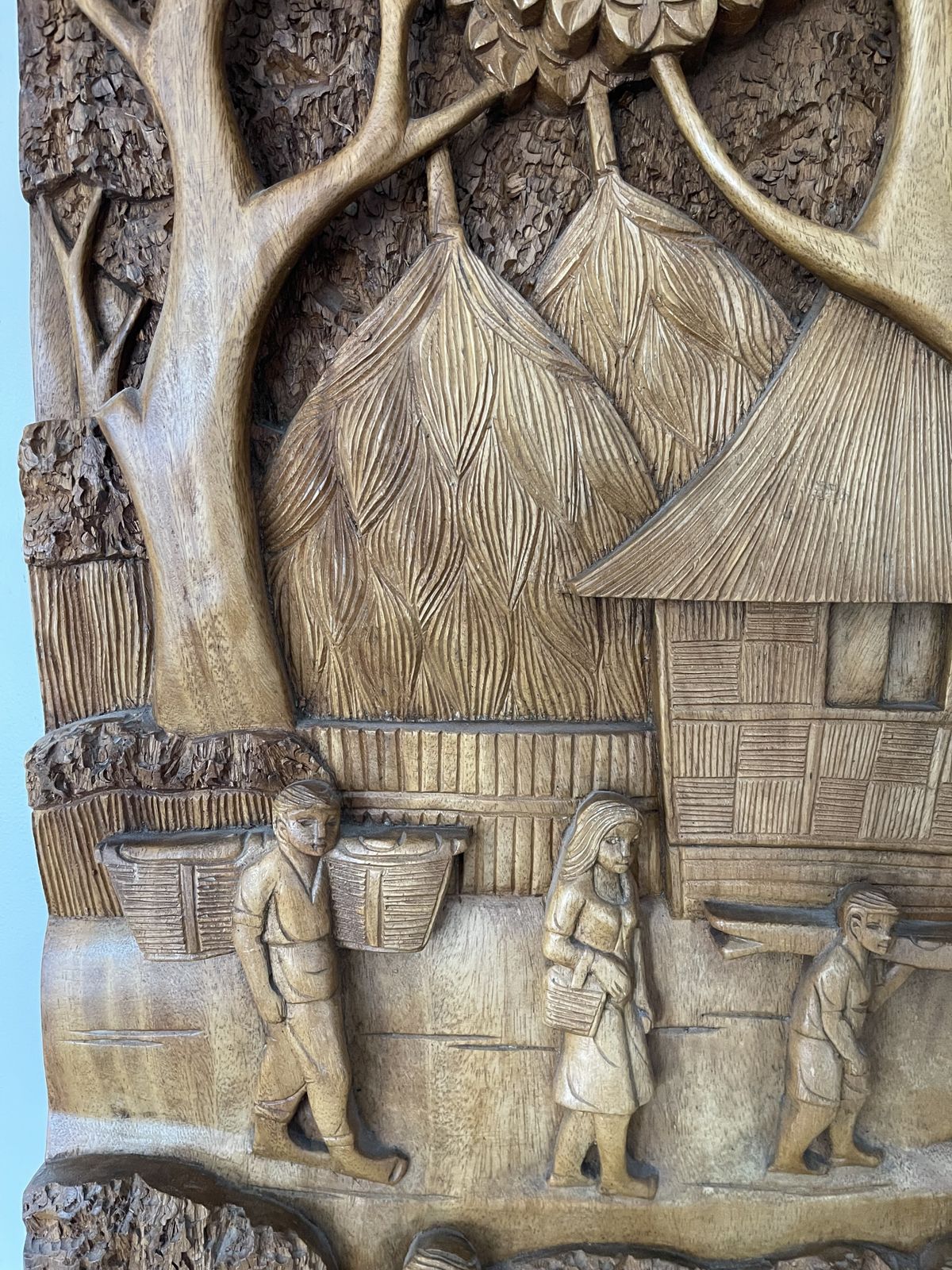 Large Teak Panel With Carved Scene Of Thai Village And Forest photo 1400.0