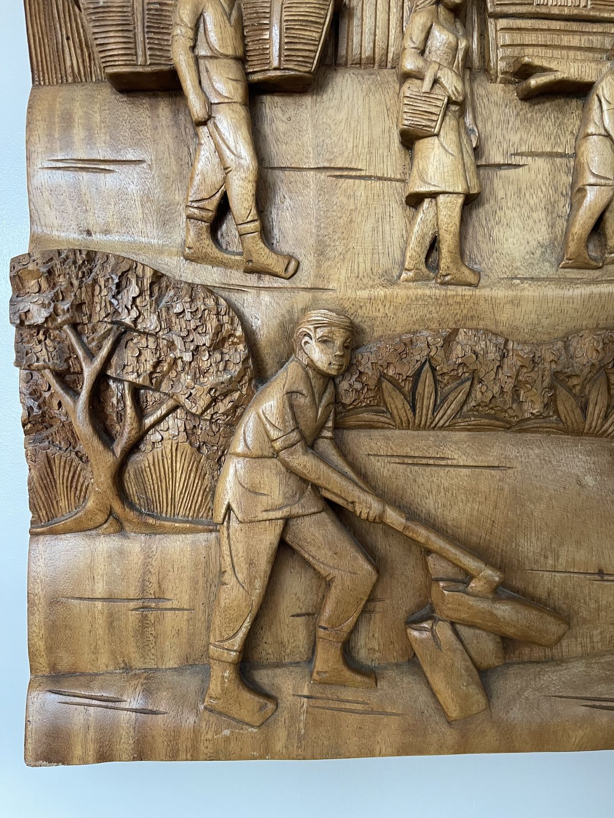 Large Teak Panel With Carved Scene Of Thai Village And Forest photo vinterior