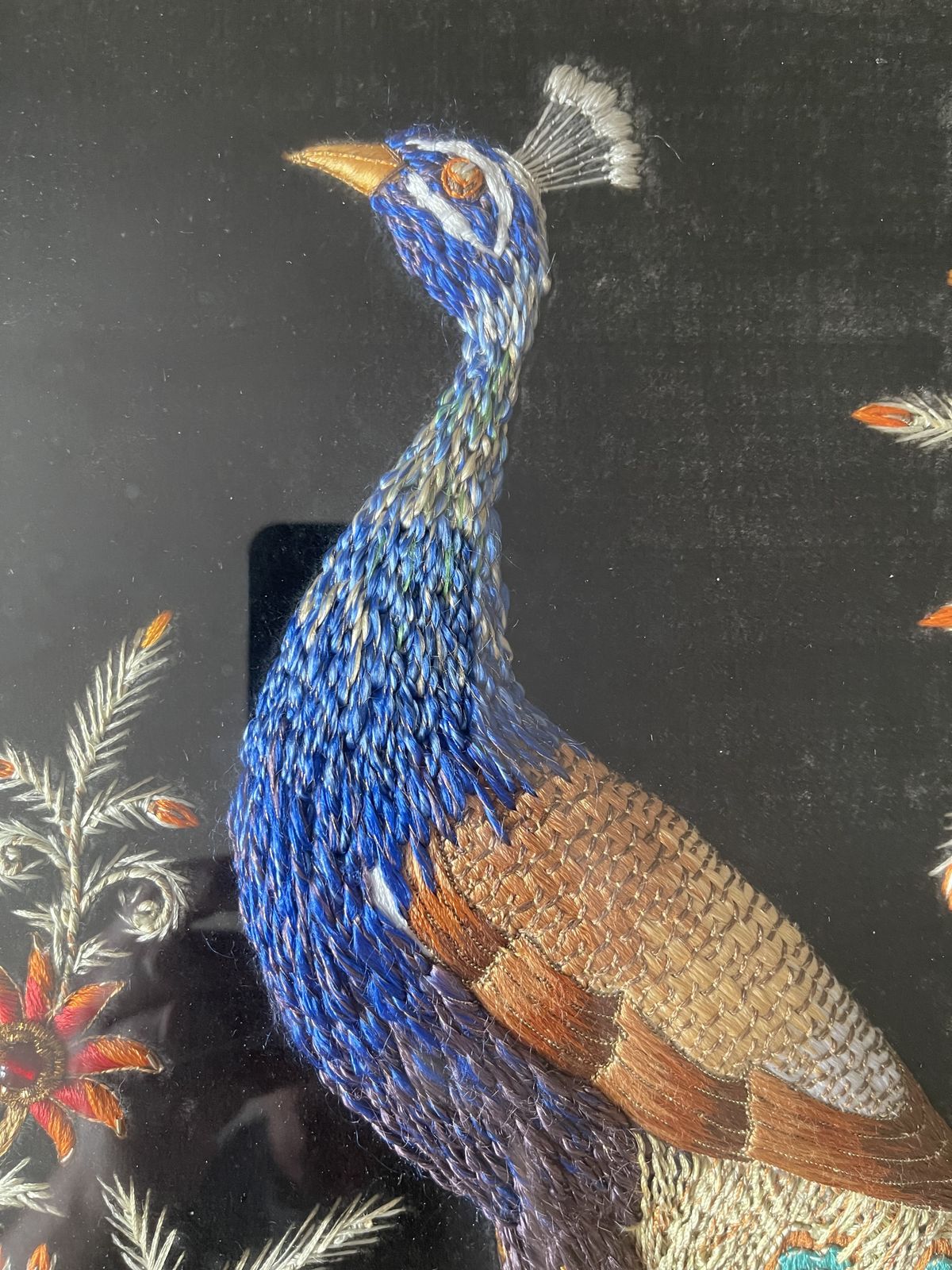 Huge 2ft X 3ft Framed Indian Silkwork Of Peacock photo for sale