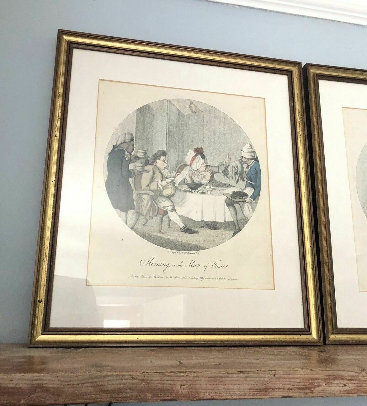 Pair Hand Coloured Stipple Engravings William Bunbury Large Gold Frames Antique photo for sale
