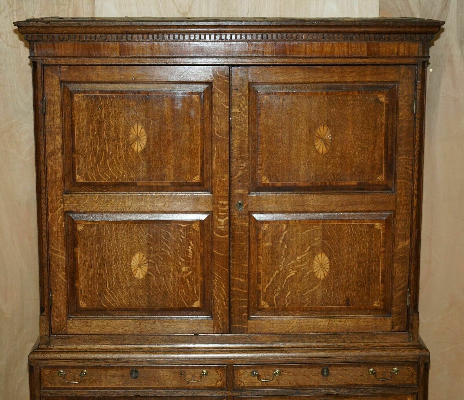 Exquisite Antique 1800 Sheraton Inlaid Housekeepers Cupboard Wardrobe Drawers photo for sale