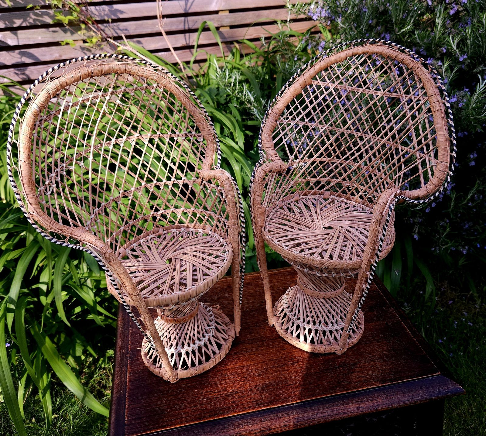 Charming Pair Of Miniature Wicker Peacock Chairs For Dolls photo furniture