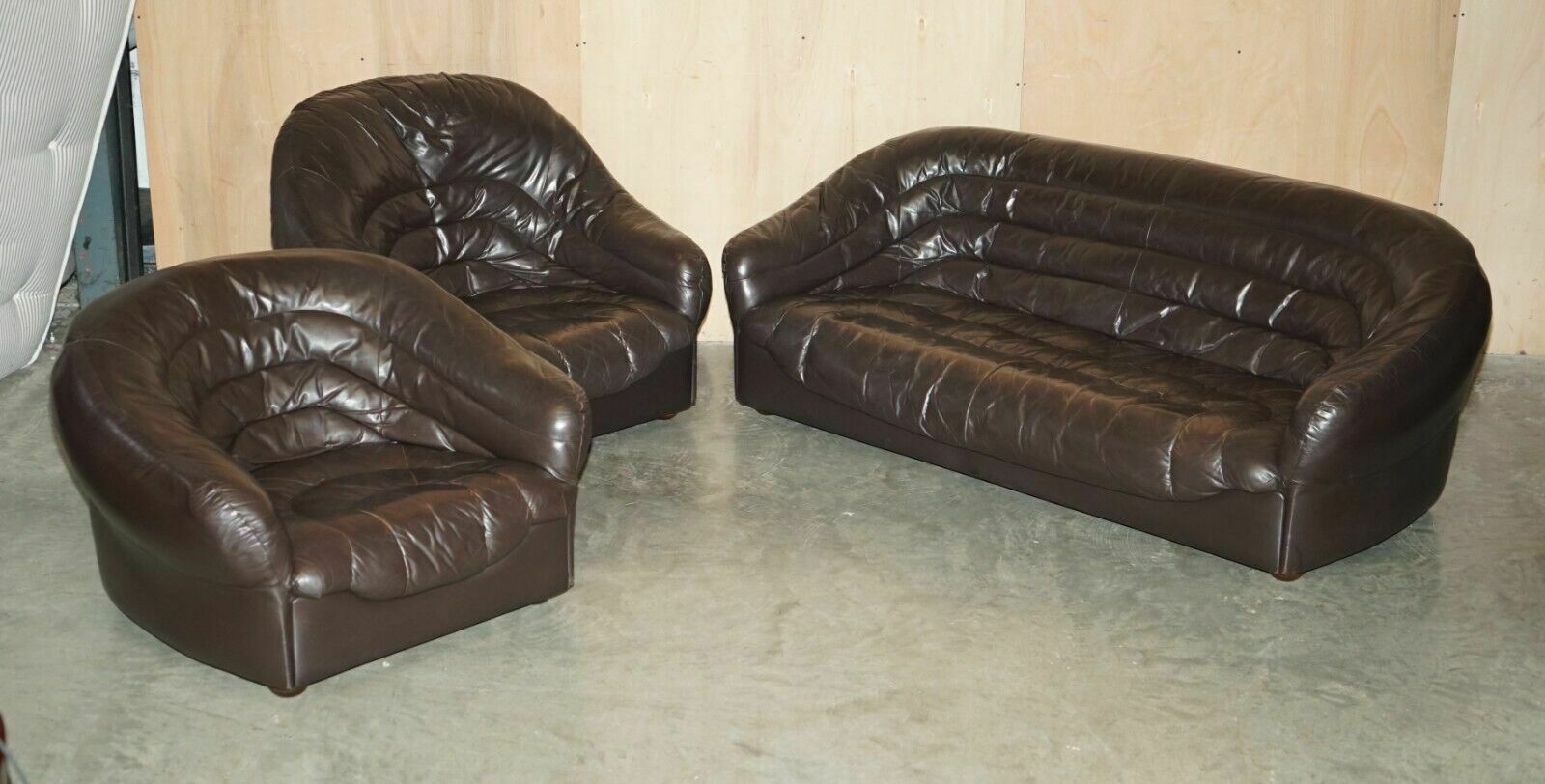 Vintage 1960's Mid Century Modern Danish Brown Leather Sofa & Armchair Suite
