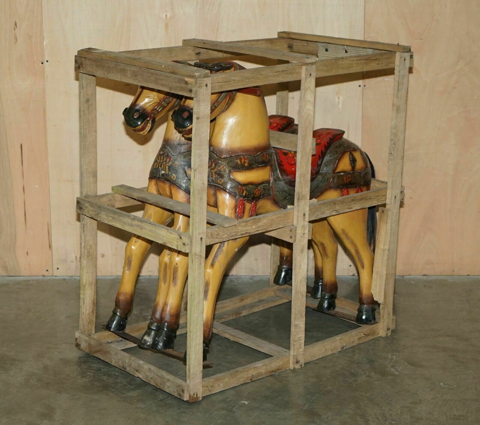 Pair Of Circa 1890 Original Paint New Old Stock Crated Fairground Ride Horses
