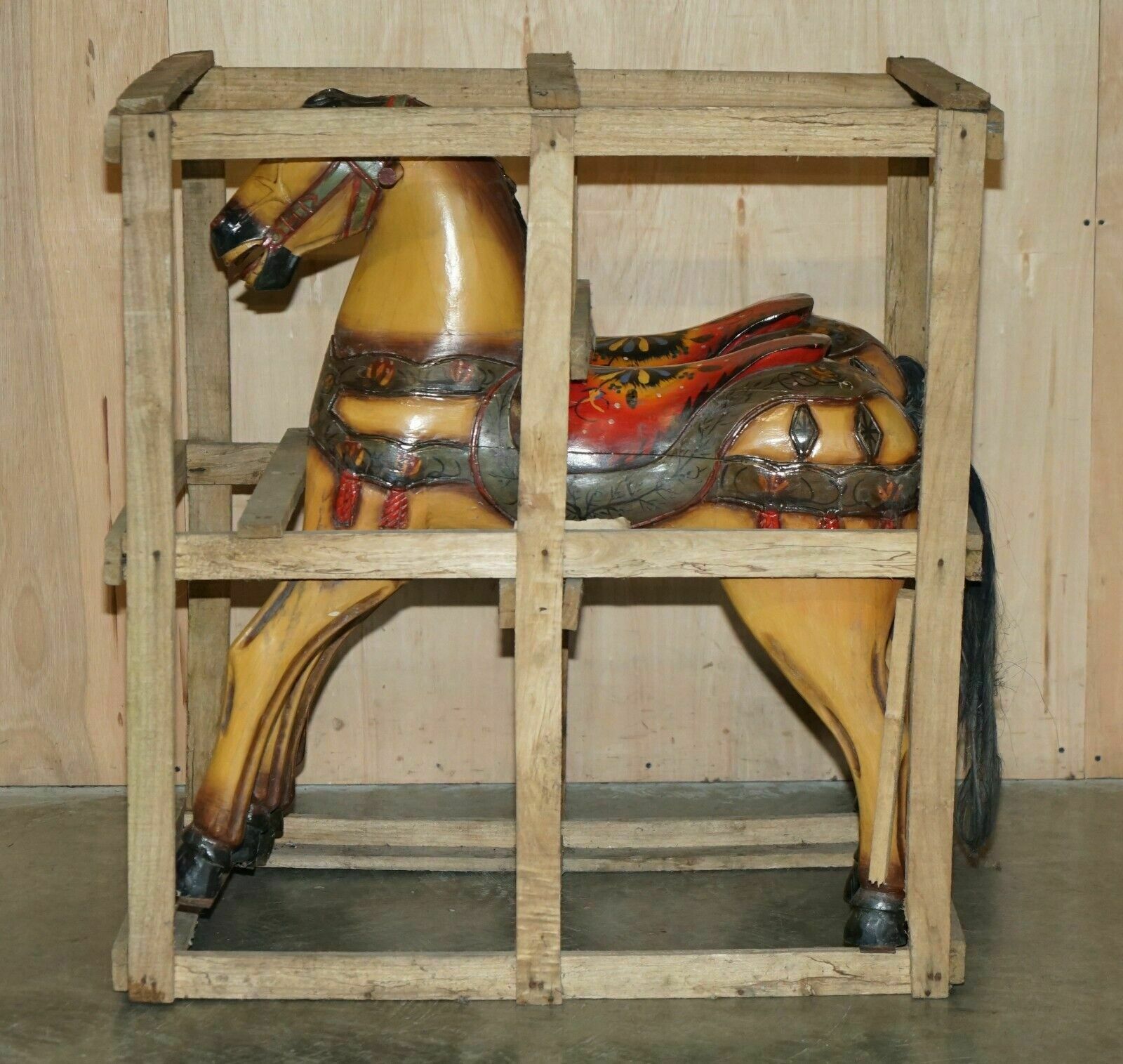 Pair Of Circa 1890 Original Paint New Old Stock Crated Fairground Ride Horses photo furniture