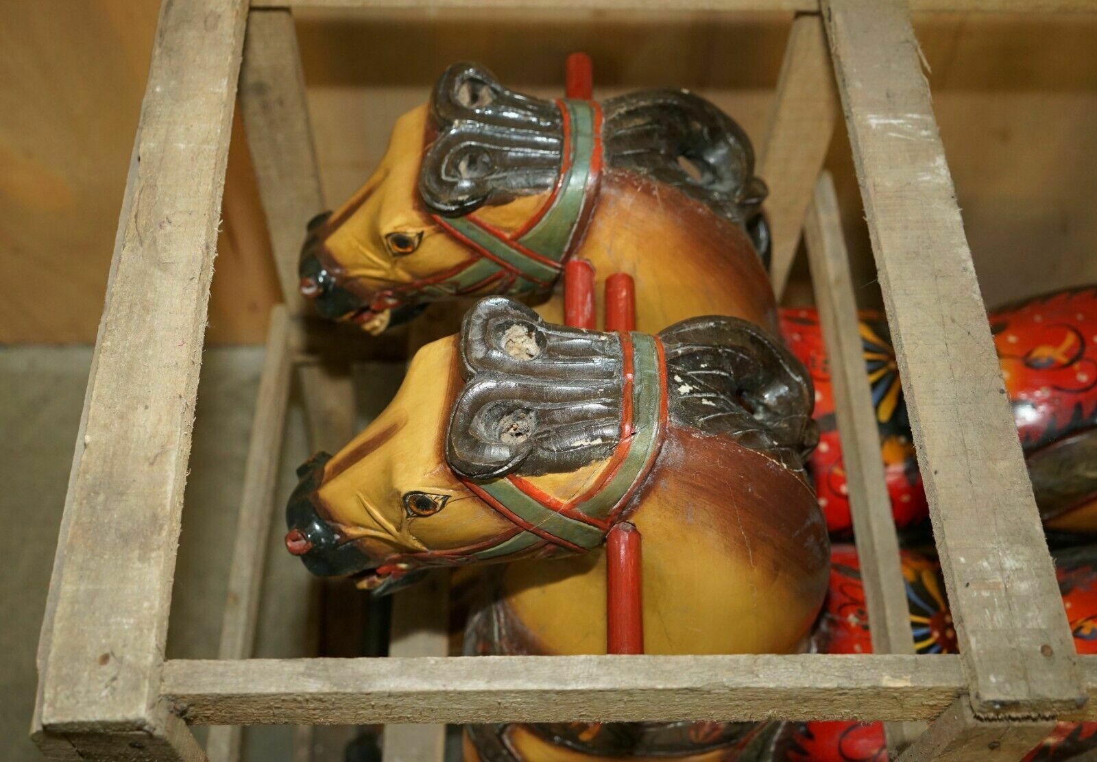 Pair Of Circa 1890 Original Paint New Old Stock Crated Fairground Ride Horses photo Home Decor