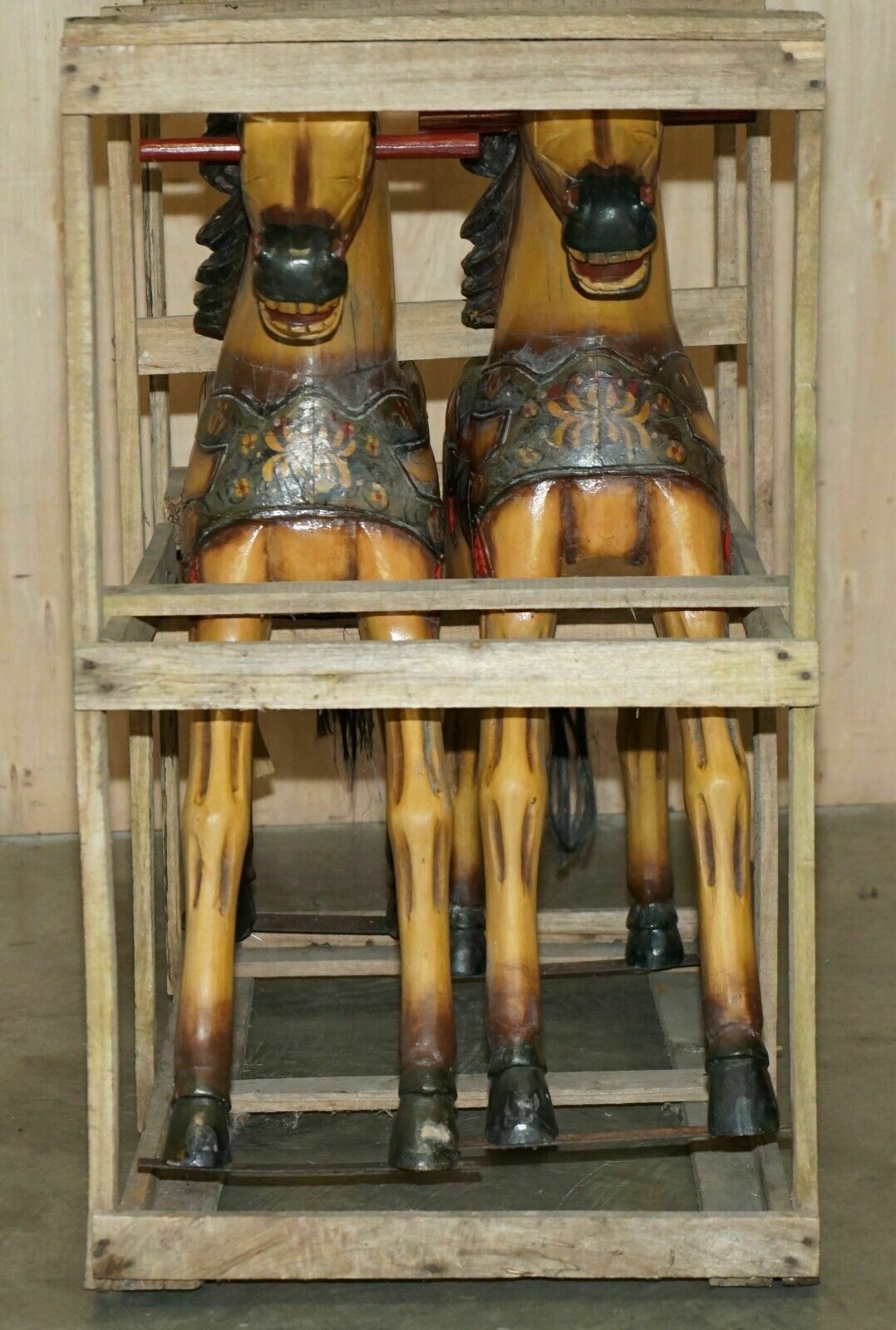 Home Decor Pair Of Circa 1890 Original Paint New Old Stock Crated Fairground Ride Horses photo