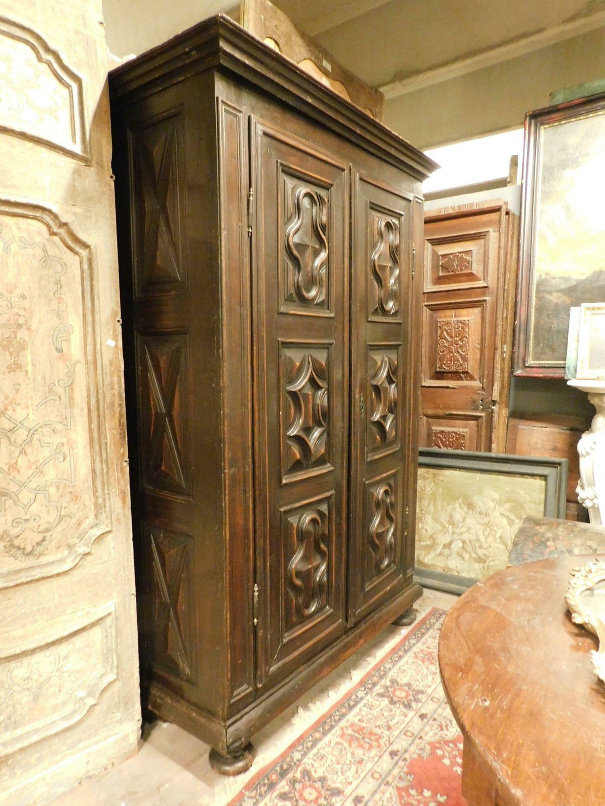 Wardrobe In Poplar Wood, Two Doors With Six Diamond Carved Panels, Italy photo for sale