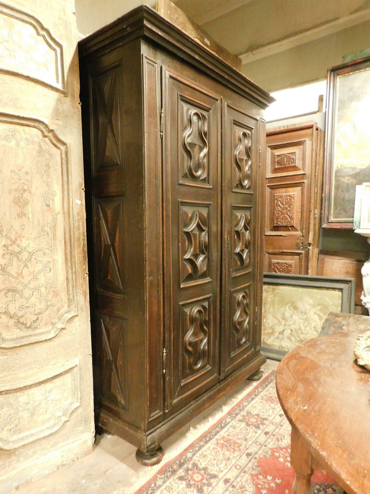 Wardrobe In Poplar Wood, Two Doors With Six Diamond Carved Panels, Italy photo Furniture