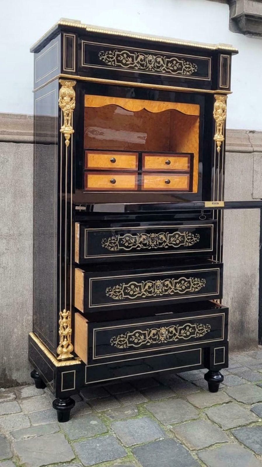Napoleon III Secretary In Blackened Pear Wood   Brass Marquetry photo Furniture