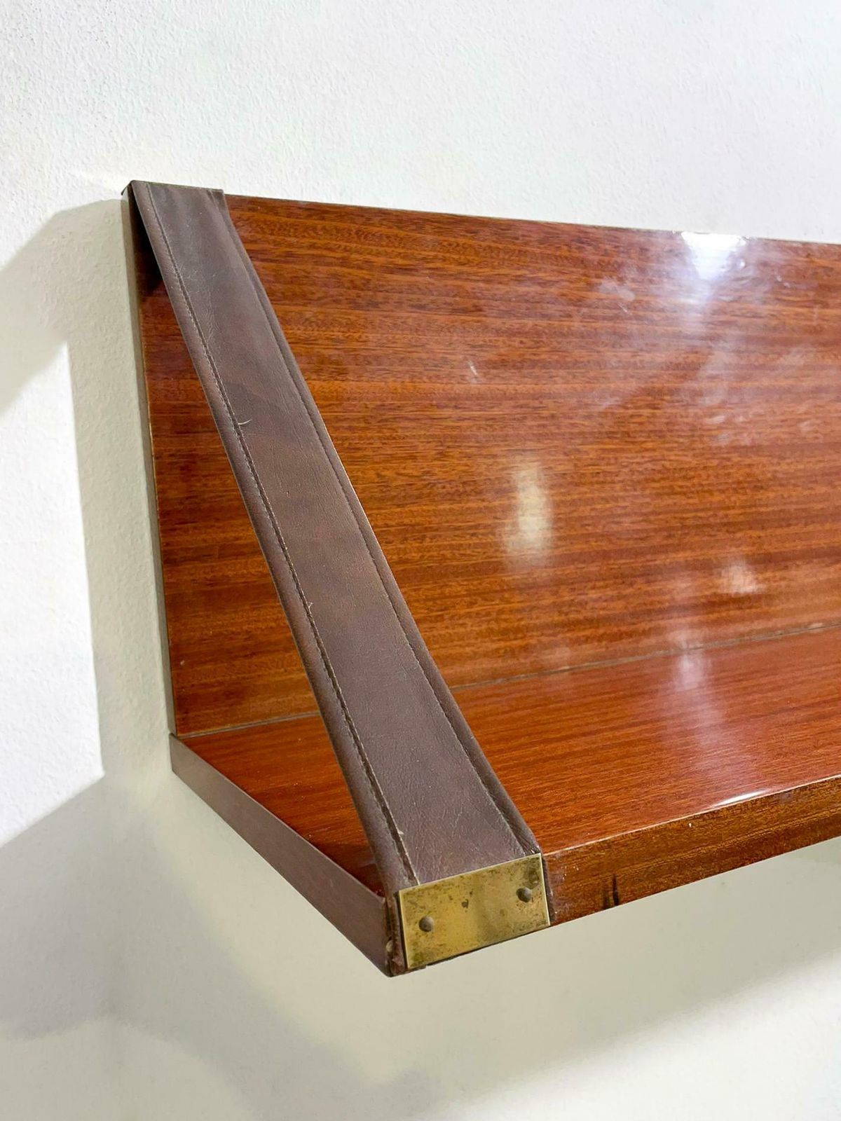 Mid Century Wood, Leather And Brass Shelve, Italy, 1960s   2 Available photo furniture