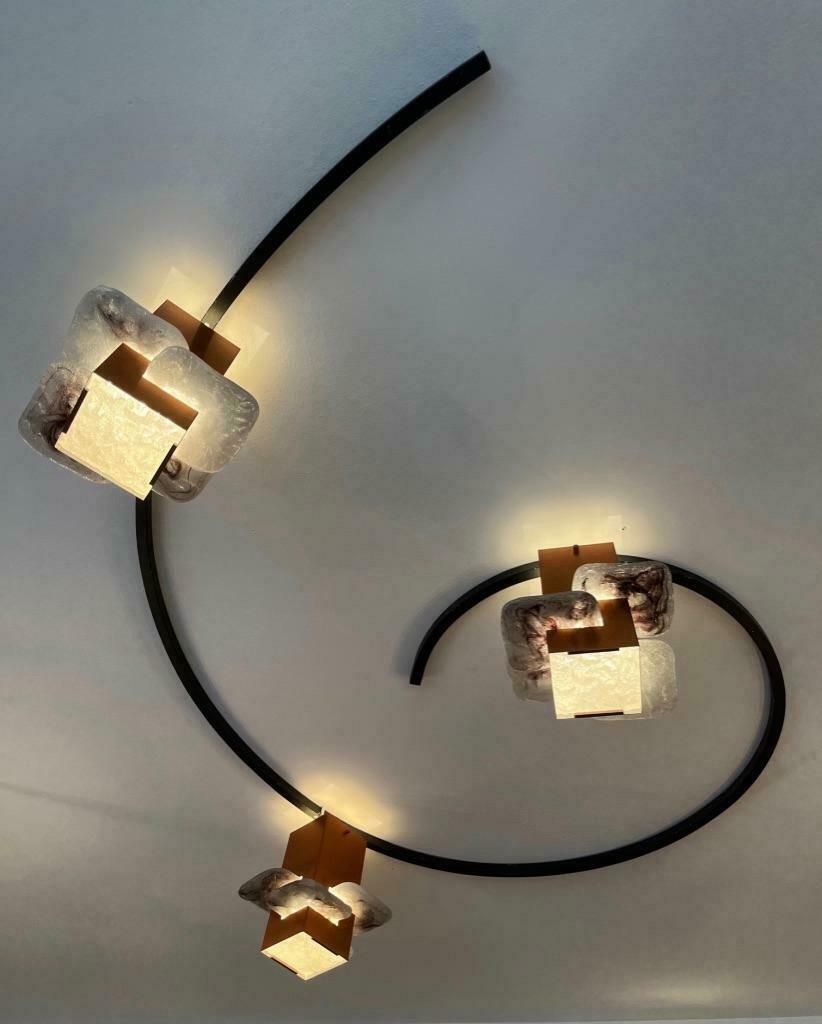 Unique Vintage Copper & Glass 3 Shades Circle Flush Mount Lamp, Ca. 1950's photo furniture