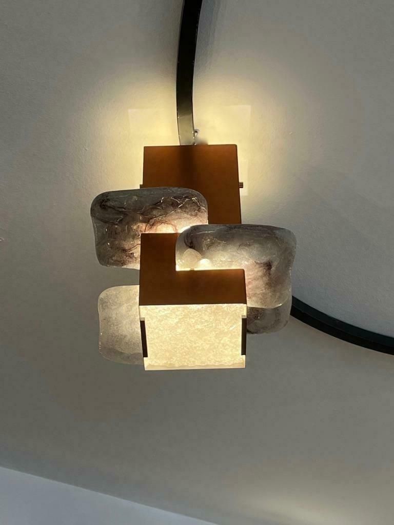 Unique Vintage Copper & Glass 3 Shades Circle Flush Mount Lamp, Ca. 1950's photo for sale