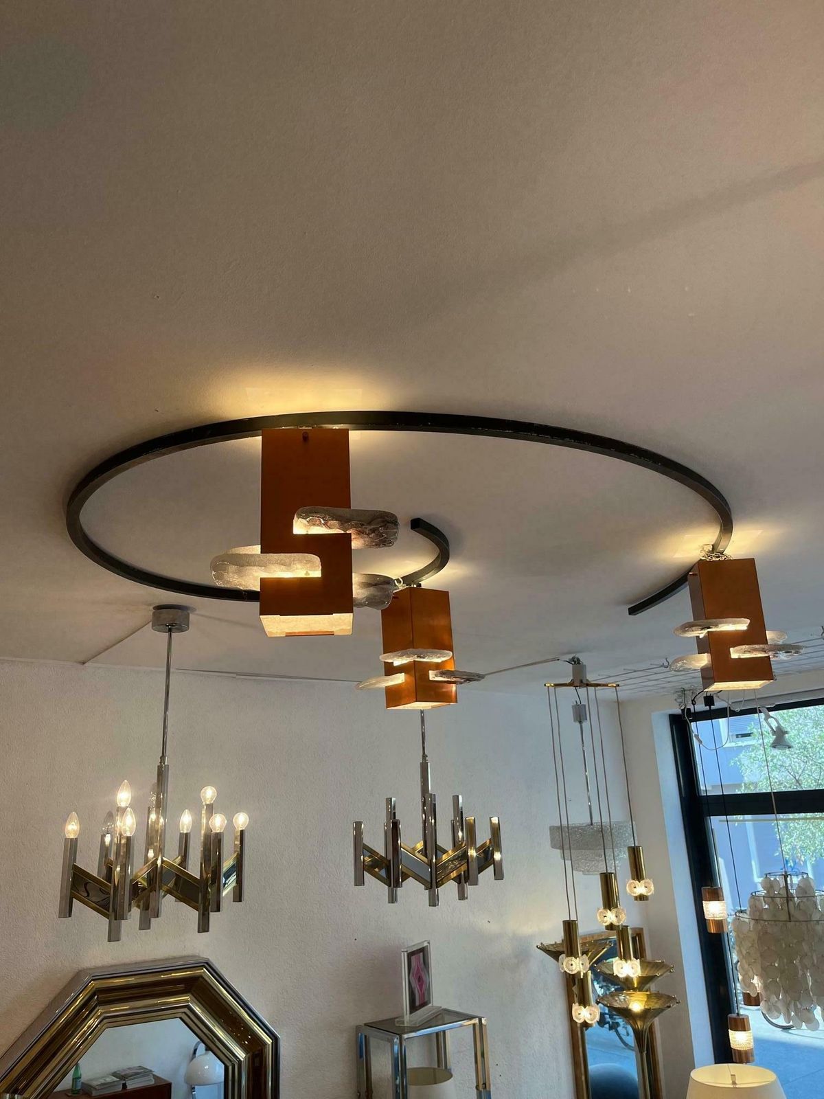 Unique Vintage Copper & Glass 3 Shades Circle Flush Mount Lamp, Ca. 1950's photo 6943.0