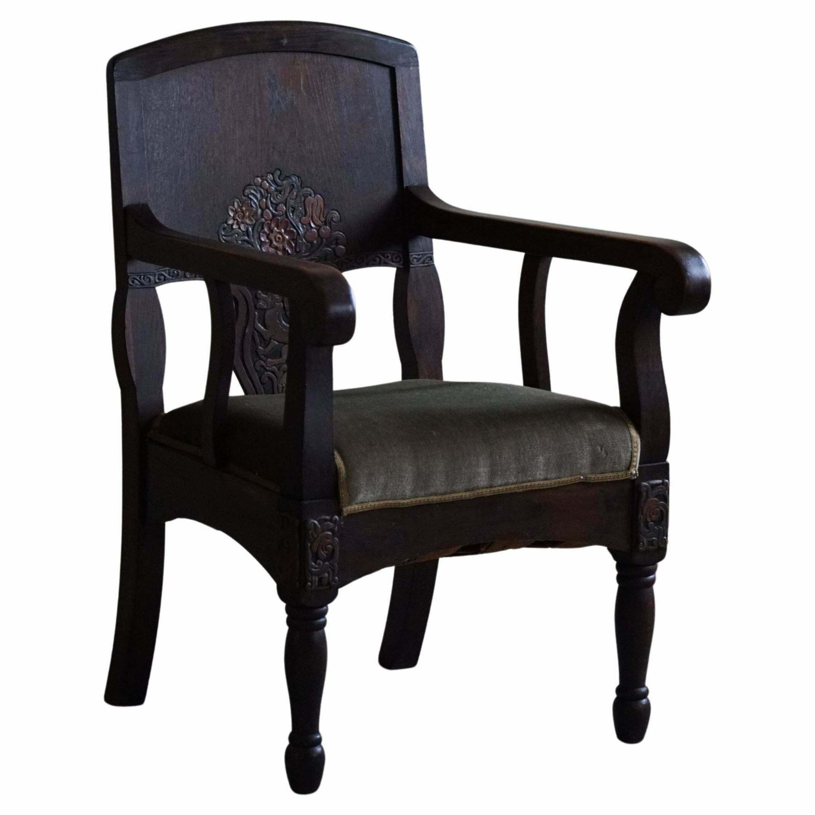 Hand Carved Armchair In Oak & Velvet, Danish Cabinetmaker, Jugendstil, 1939