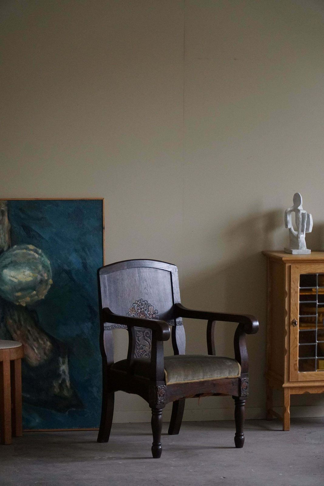 Hand Carved Armchair In Oak & Velvet, Danish Cabinetmaker, Jugendstil, 1939 photo Furniture