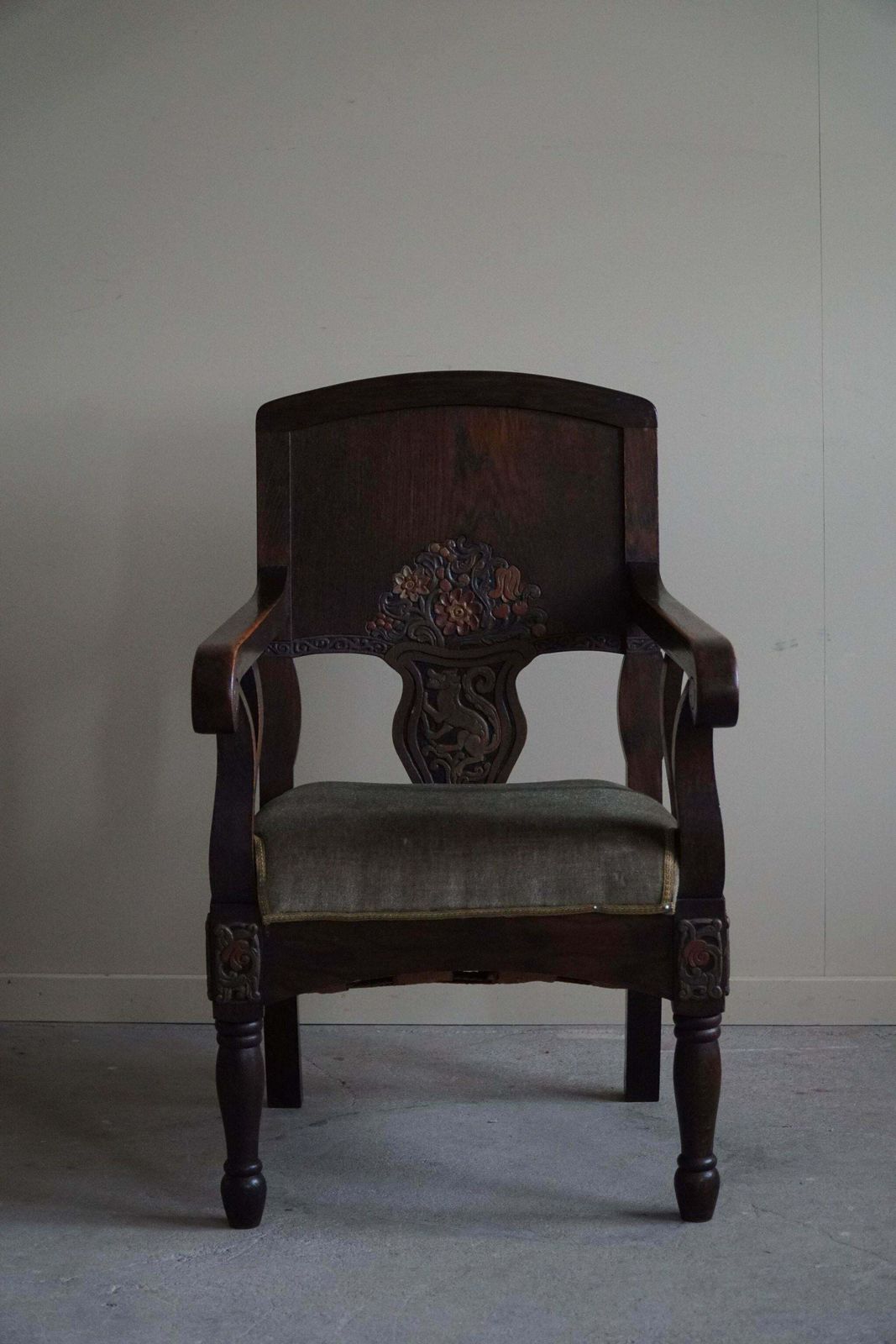 photo for sale Hand Carved Armchair In Oak & Velvet, Danish Cabinetmaker, Jugendstil, 1939