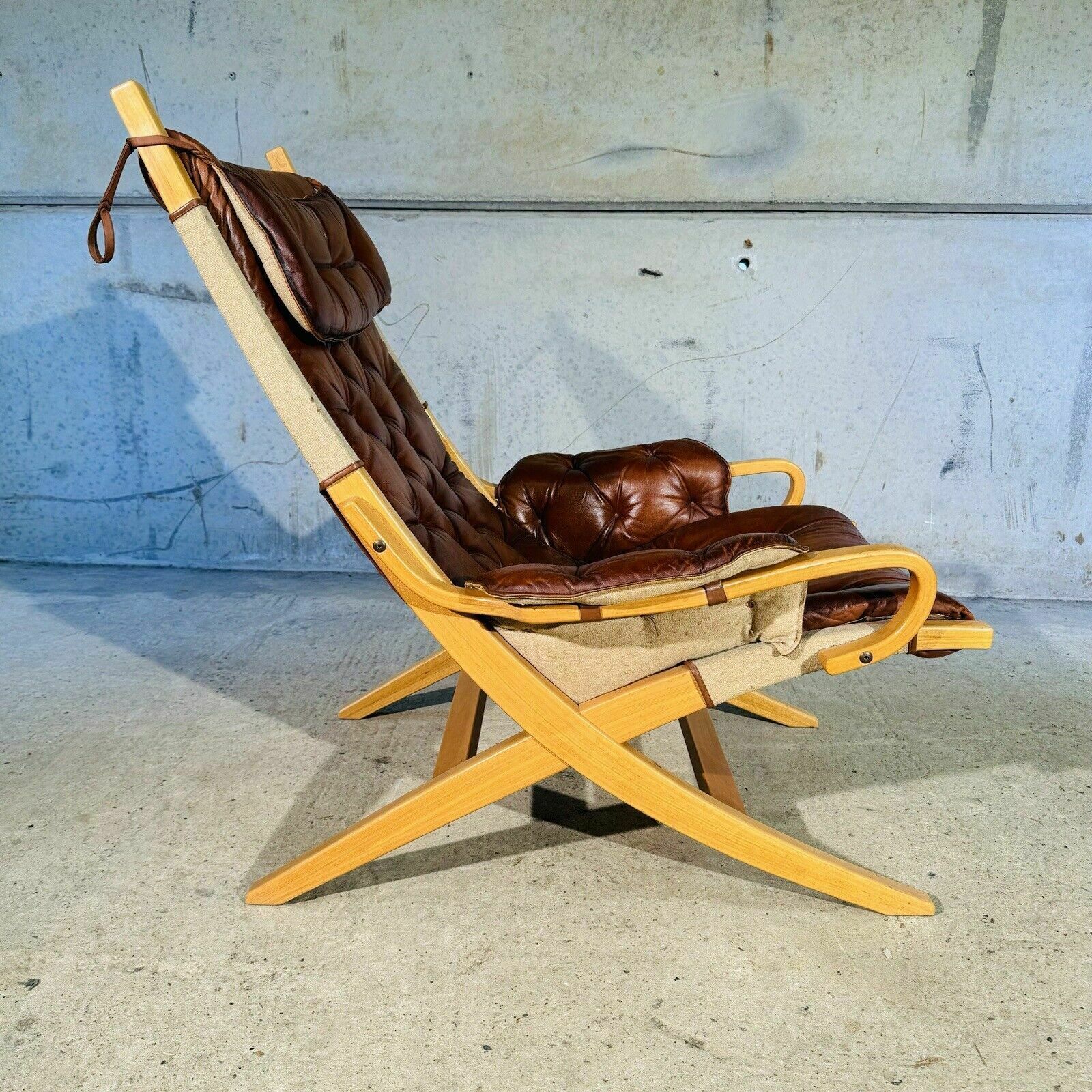 Stylish Swedish 70s Tan Leather And Canvas Armchair And Footstool photo 1084.0