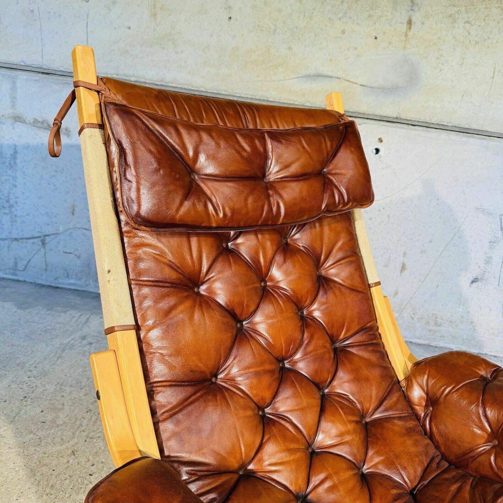 Stylish Swedish 70s Tan Leather And Canvas Armchair And Footstool photo vintage