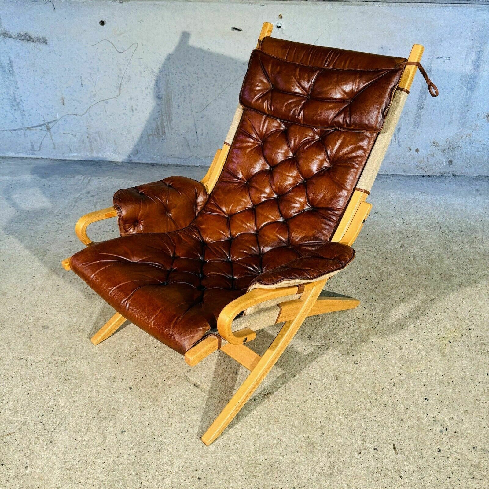 photo for sale Stylish Swedish 70s Tan Leather And Canvas Armchair And Footstool