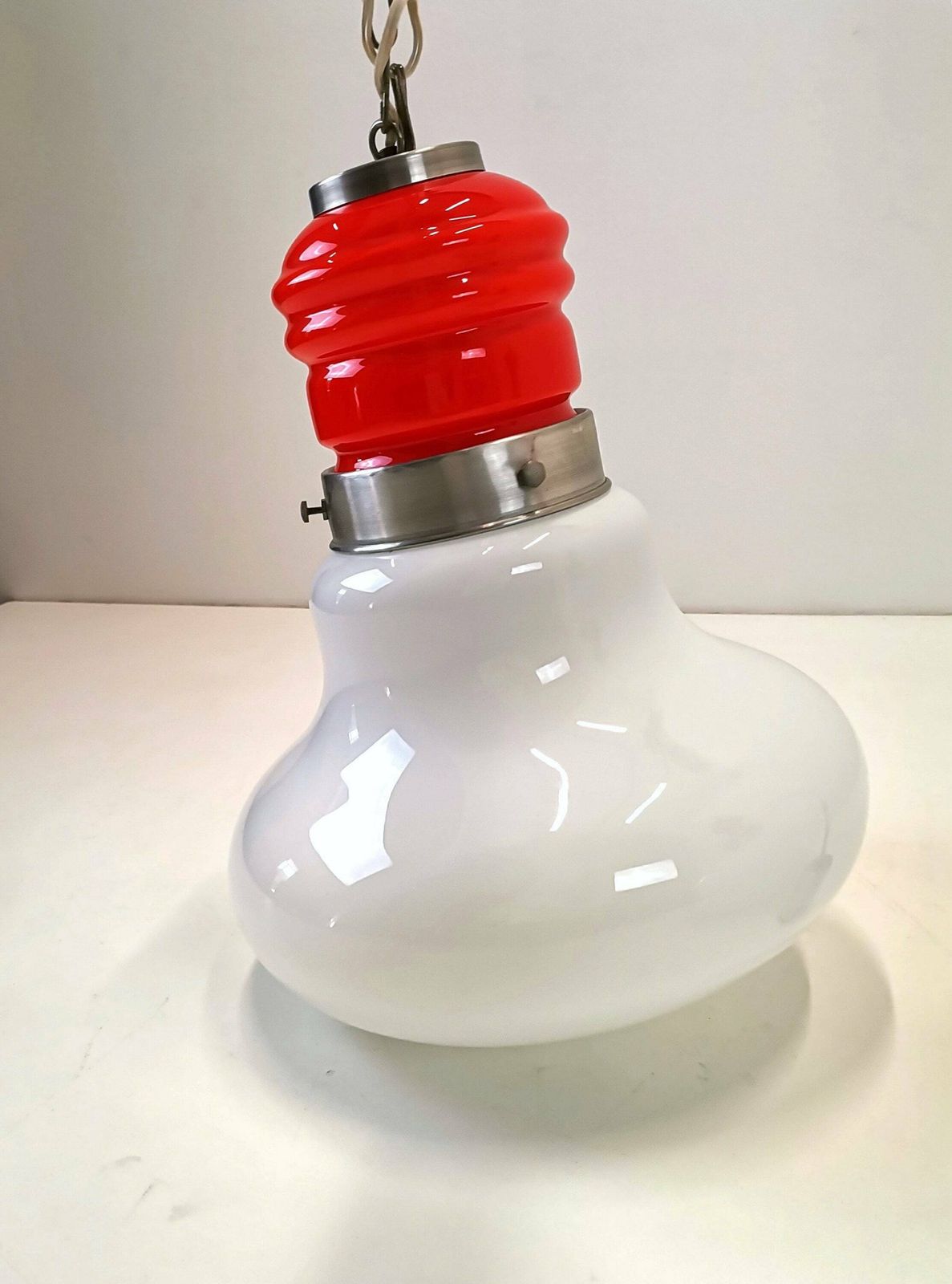Large Mid Century Bulb Pendant Light / Orange & White Glass And Metal / 70s Space Age Hanging Lightbulb photo for sale